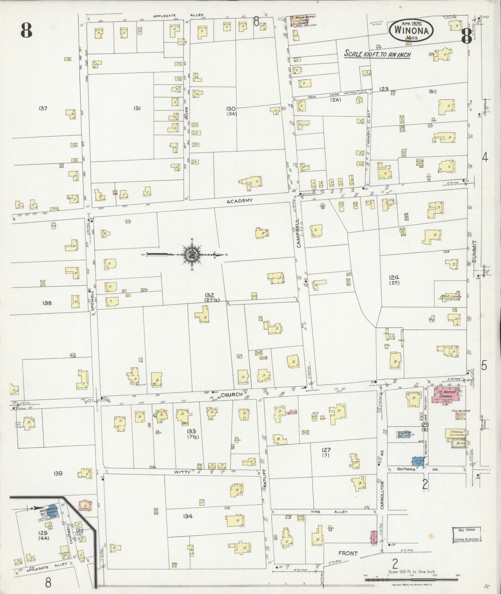 Sanborn Fire Insurance Map from Winona, Montgomery County, Mississippi (1925), Sheet #0008 - Complete Map Set gallery image, historic Sanborn map, vintage wall art, Mississippi Mississippi