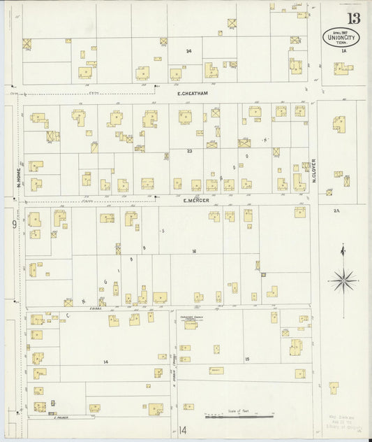 Sanborn Fire Insurance Map from Union City, Obion County, Tennessee (1907), Sheet #0013 - Historic Sanborn Fire Insurance Map Print, vintage old map wall art, antique decor, genealogy gift, Tennessee Tennessee map