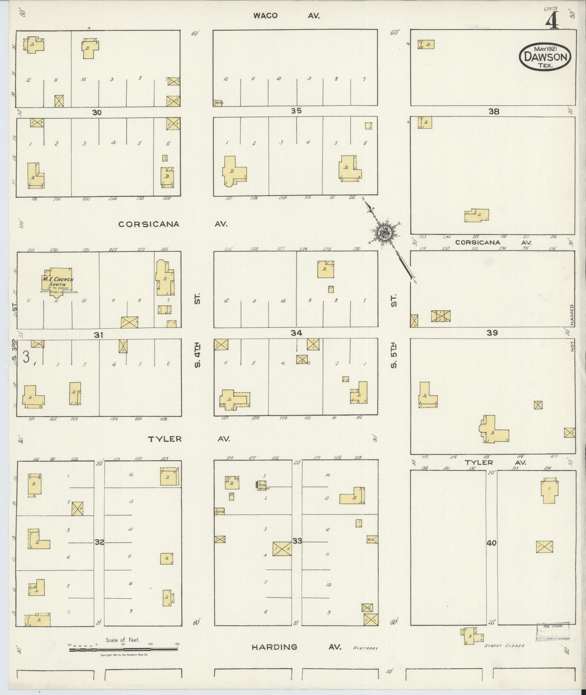 Sanborn Fire Insurance Map from Dawson, Navarro County, Texas (1921), Sheet #0004 - Historic Sanborn Fire Insurance Map Print, vintage old map wall art, antique decor, genealogy gift, Texas Texas map