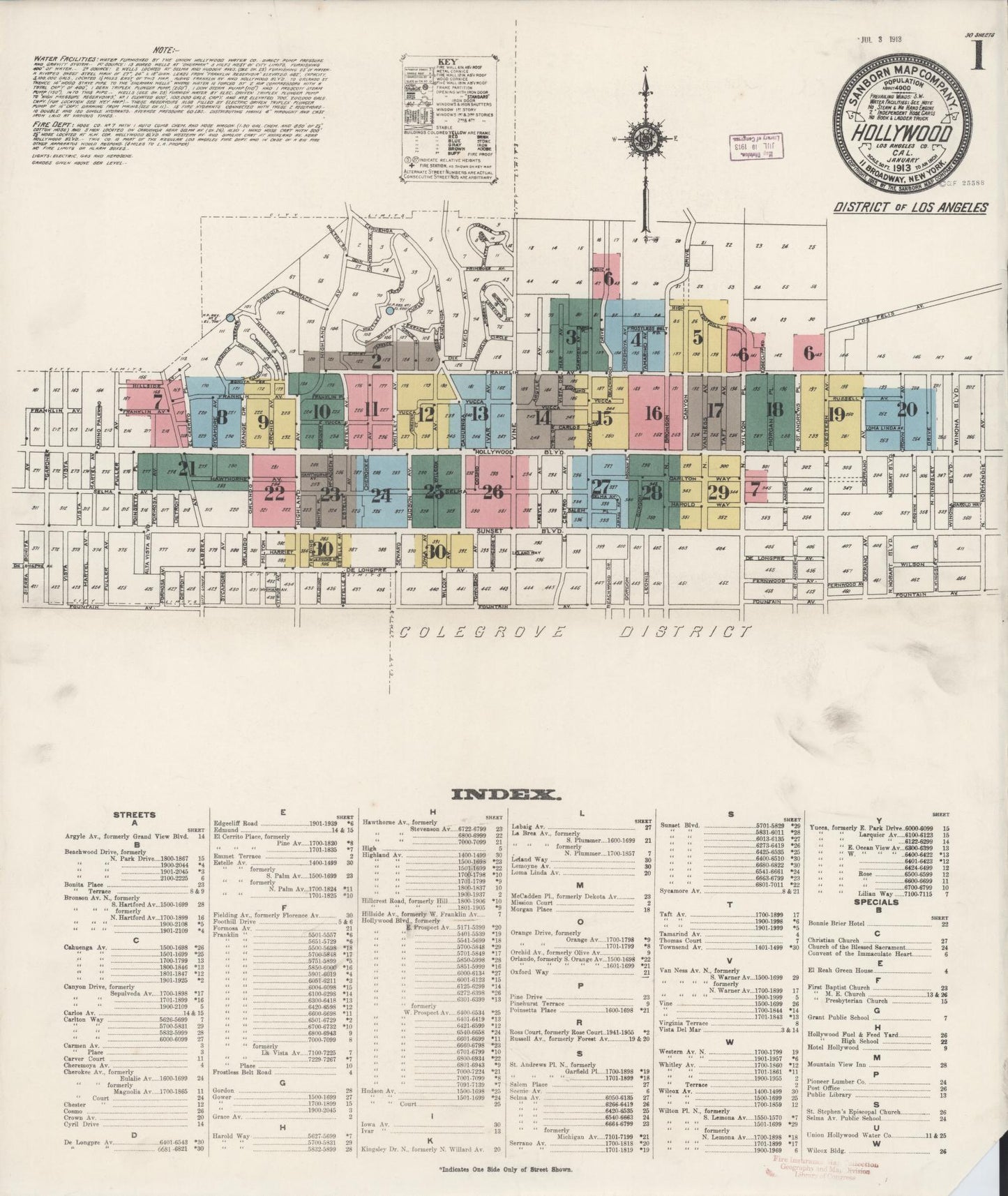 Sanborn Fire Insurance Map from Hollywood, Los Angeles County, California. (1913) – Historic Sanborn Fire Insurance Map Print