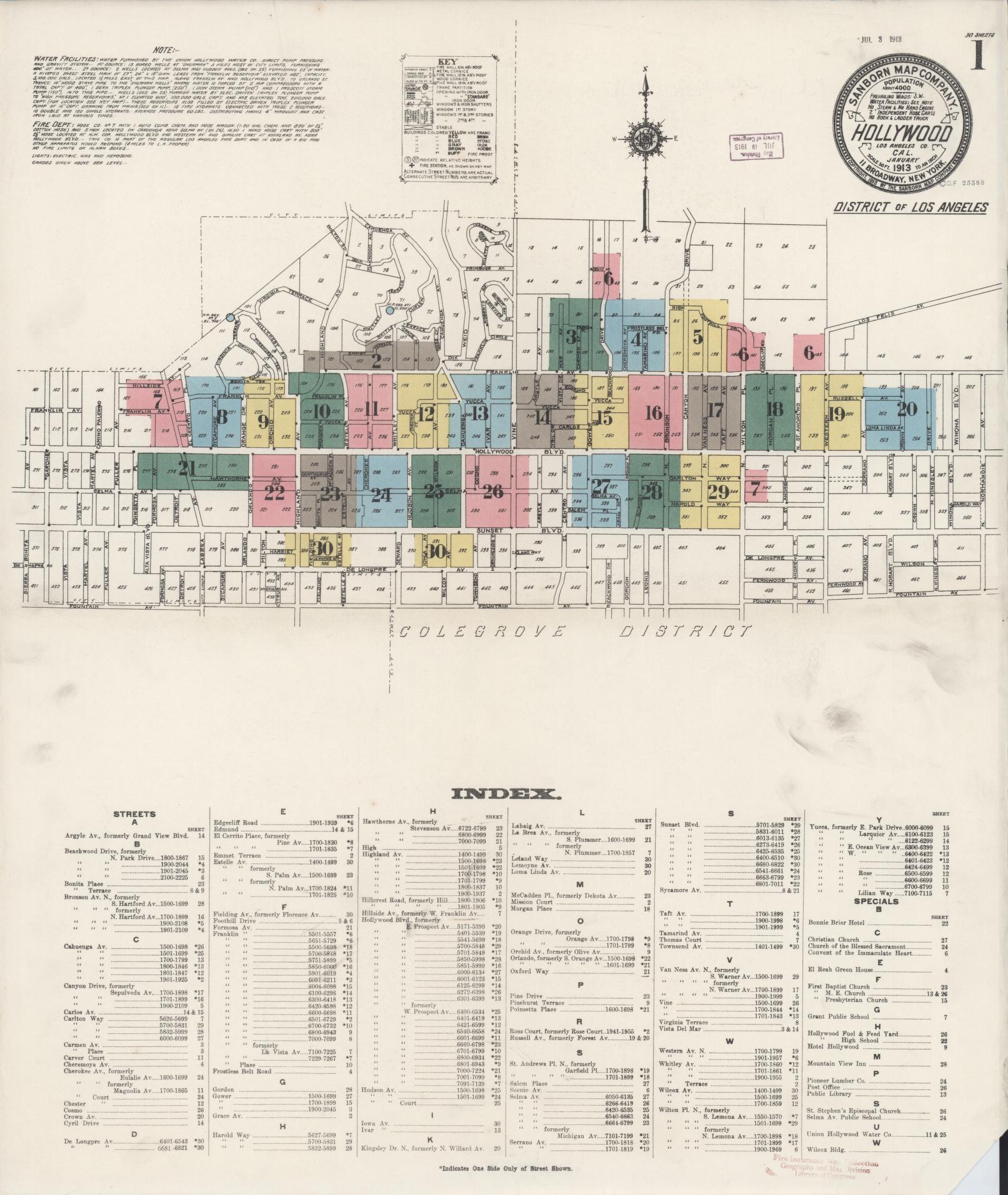 Sanborn Fire Insurance Map from Hollywood, Los Angeles County, California. (1913) – Historic Sanborn Fire Insurance Map Print