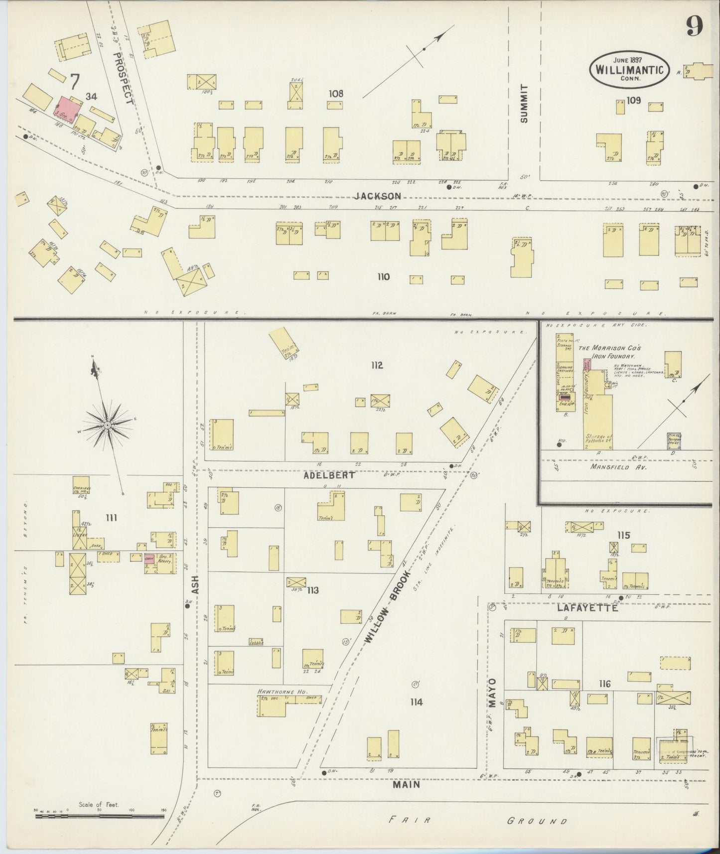 Sanborn Fire Insurance Map from Willimantic, Windham County, Connecticut (1897), Sheet #0009 - Historic Sanborn Fire Insurance Map Print, vintage old map wall art, antique decor, genealogy gift, Connecticut Connecticut map