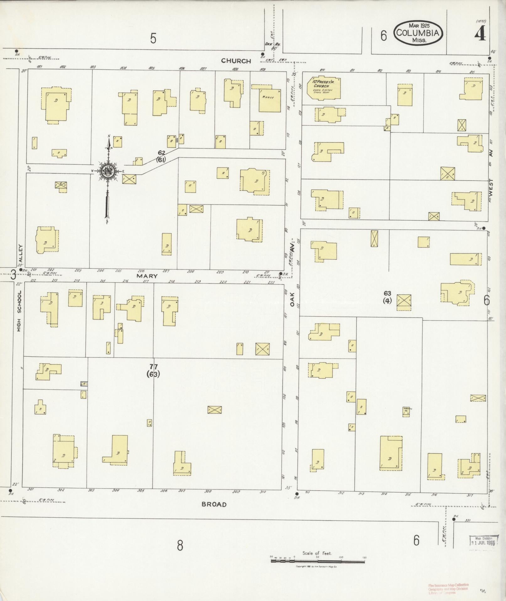 Sanborn Fire Insurance Map from Columbia, Marion County, Mississippi (1925), Sheet #0004 - Historic Sanborn Fire Insurance Map Print, vintage old map wall art, antique decor, genealogy gift, Mississippi Mississippi map