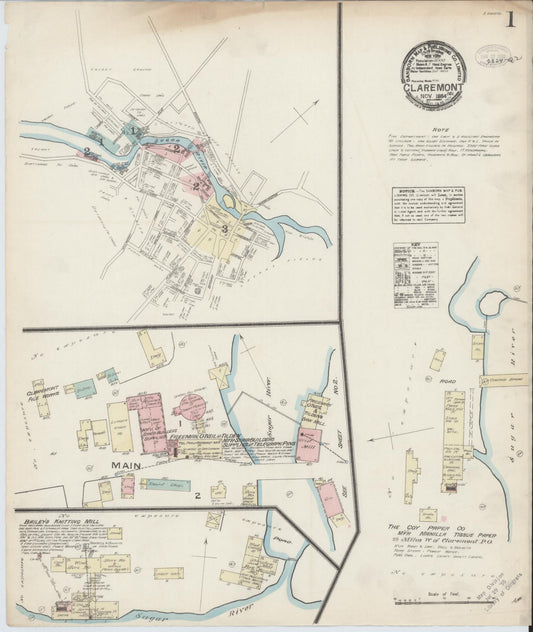Sanborn Fire Insurance Map from Claremont, Sullivan County, New Hampshire (1884), Sheet #0001 - Complete Map Set gallery image, historic Sanborn map, vintage wall art, New Hampshire New Hampshire