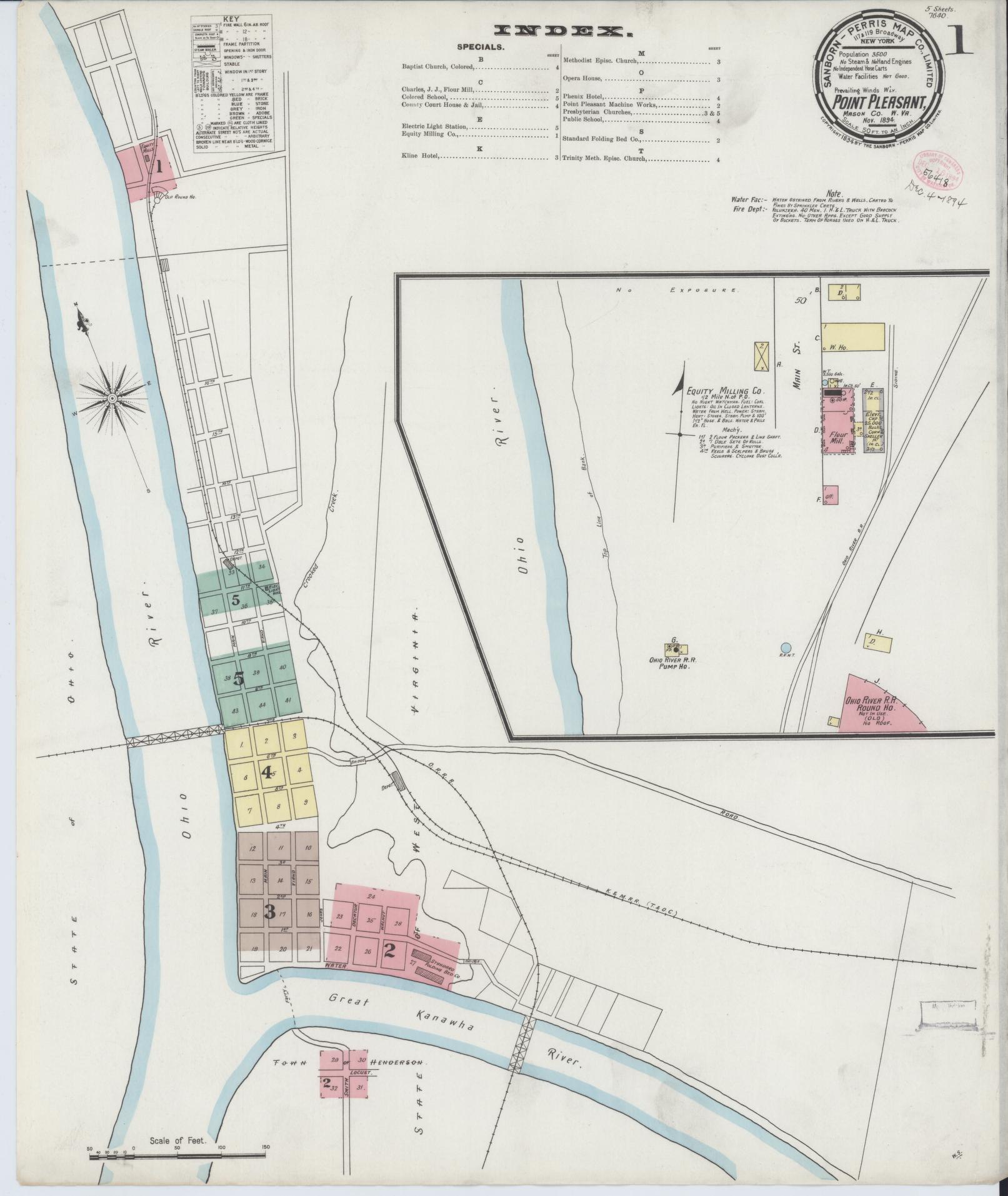 Sanborn Fire Insurance Map from Point Pleasant, Mason County, West Virginia (1894), Sheet #0001 - Historic Sanborn Fire Insurance Map Print, vintage old map wall art, antique decor, genealogy gift, West Virginia West Virginia map