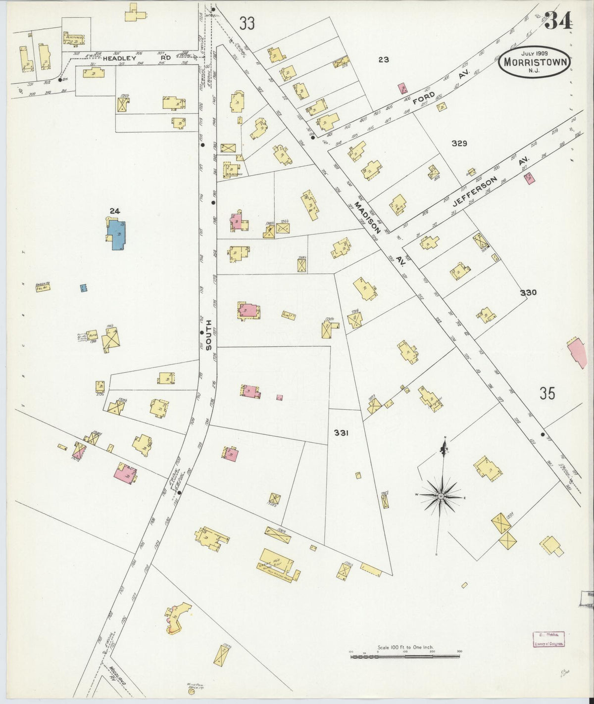 Sanborn Fire Insurance Map from Morristown, Morris County, New Jersey (1909), Sheet #0034 - Historic Sanborn Fire Insurance Map Print, vintage old map wall art, antique decor, genealogy gift, New Jersey New Jersey map