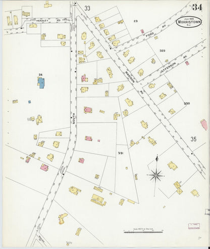 Sanborn Fire Insurance Map from Morristown, Morris County, New Jersey (1909), Sheet #0034 - Historic Sanborn Fire Insurance Map Print, vintage old map wall art, antique decor, genealogy gift, New Jersey New Jersey map