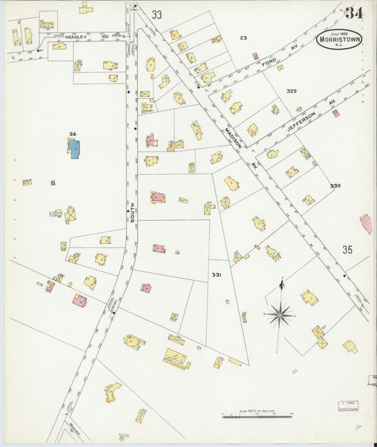 Sanborn Fire Insurance Map from Morristown, Morris County, New Jersey (1909), Sheet #0034 - Historic Sanborn Fire Insurance Map Print, vintage old map wall art, antique decor, genealogy gift, New Jersey New Jersey map
