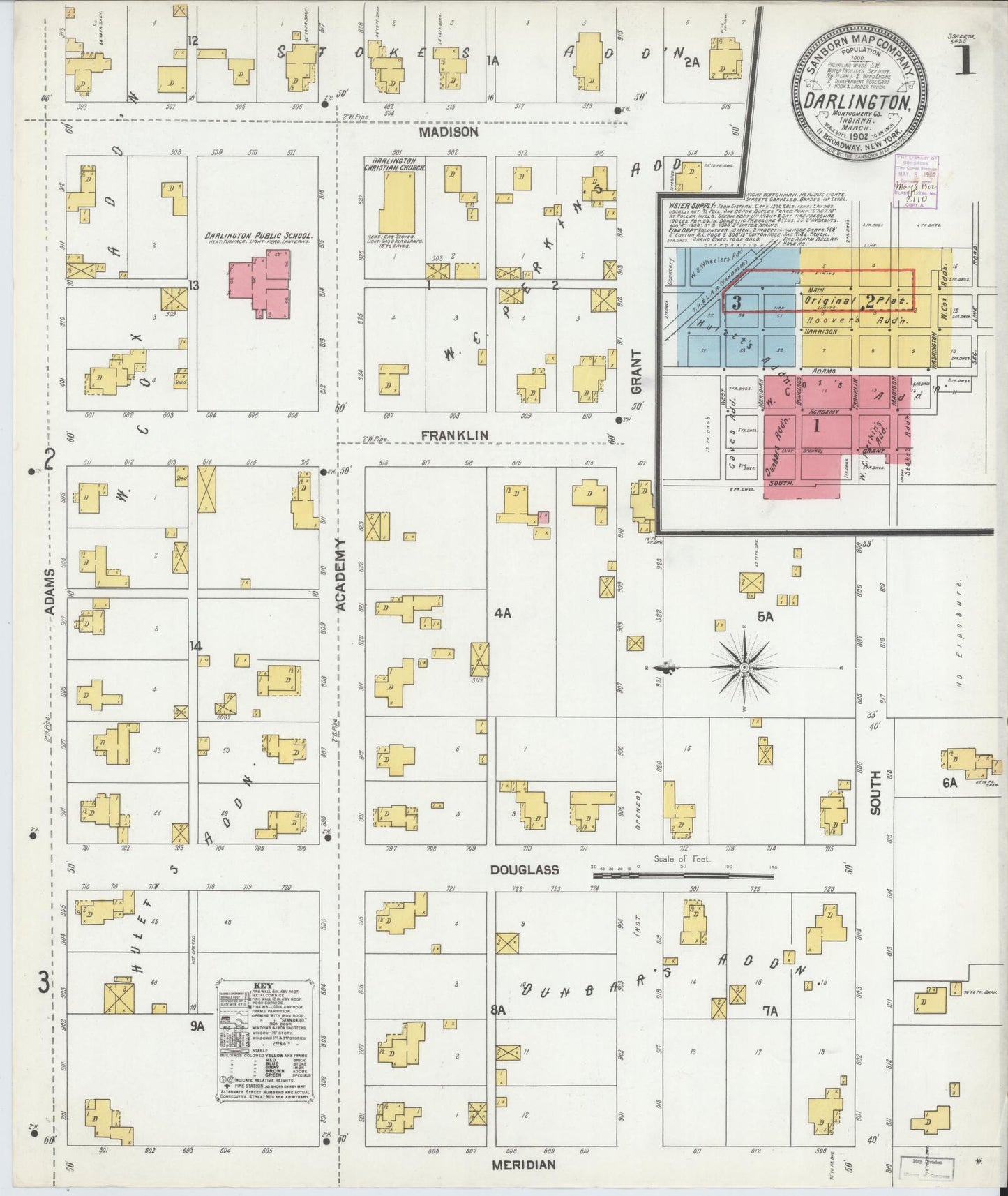 Sanborn Fire Insurance Map from Darlington, Montgomery County, Indiana (1902), Sheet #0001 - Historic Sanborn Fire Insurance Map Print, vintage old map wall art, antique decor, genealogy gift, Indiana Indiana map