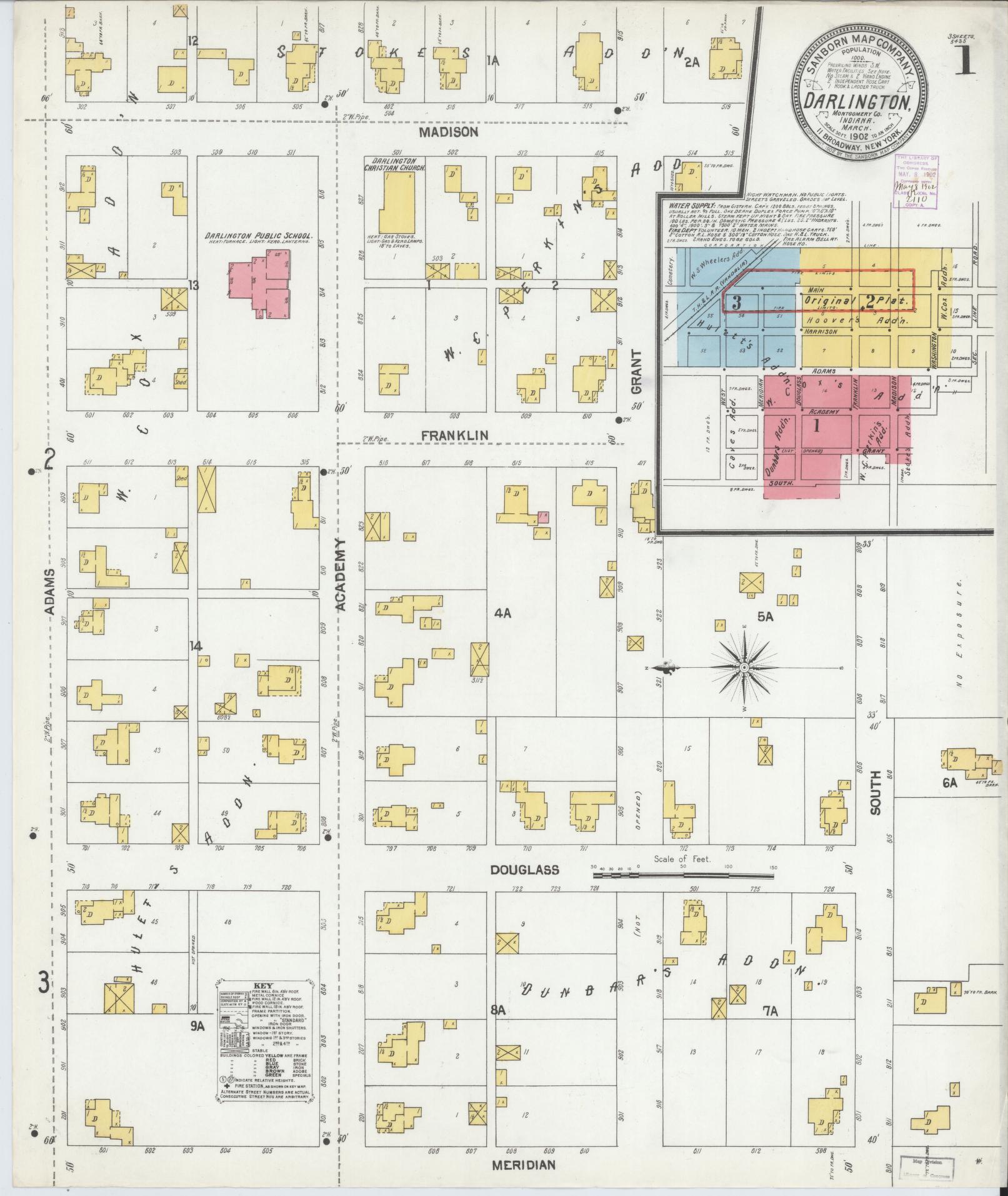 Sanborn Fire Insurance Map from Darlington, Montgomery County, Indiana (1902), Sheet #0001 - Historic Sanborn Fire Insurance Map Print, vintage old map wall art, antique decor, genealogy gift, Indiana Indiana map