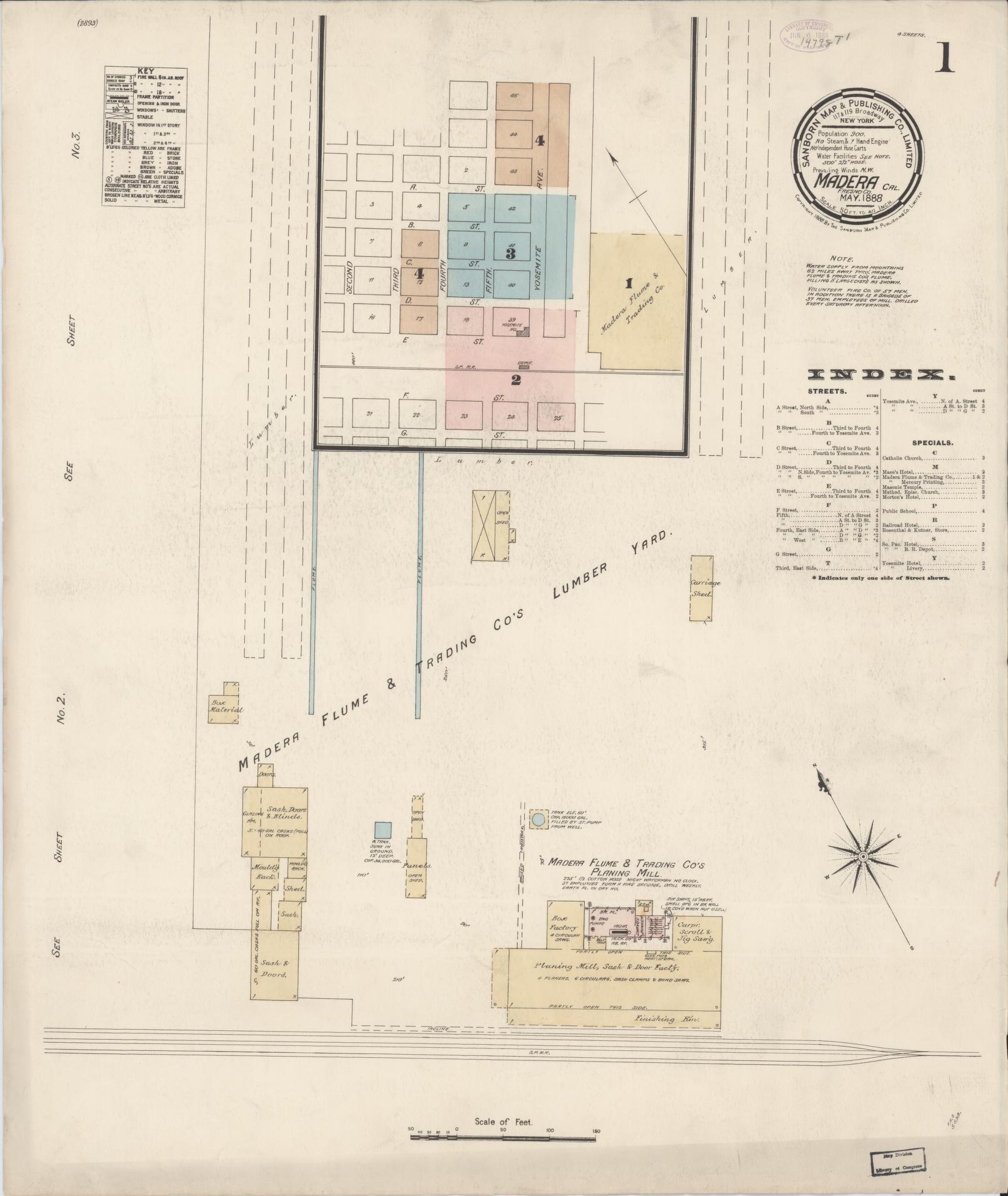 Sanborn Fire Insurance Map from Madera, Madera County, California (1888), Sheet #0001 - Historic Sanborn Fire Insurance Map Print, vintage old map wall art, antique decor, genealogy gift, California California map