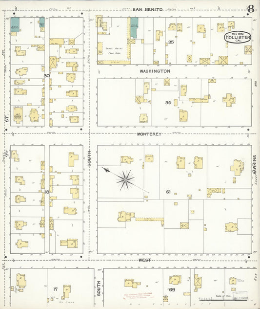 Sanborn Fire Insurance Map from Hollister, San Benito County, California (1892), Sheet #0008 - Historic Sanborn Fire Insurance Map Print, vintage old map wall art, antique decor, genealogy gift, California California map