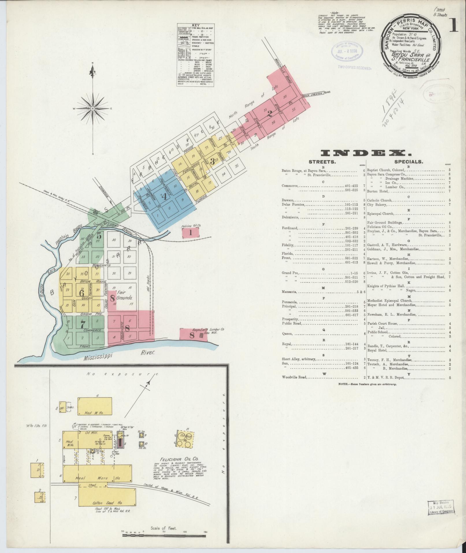Sanborn Fire Insurance Map from Bayou Sara, West Feliciana Parish, Louisiana (1898), Sheet #0001 - Complete Map Set gallery image, historic Sanborn map, vintage wall art, Louisiana Louisiana