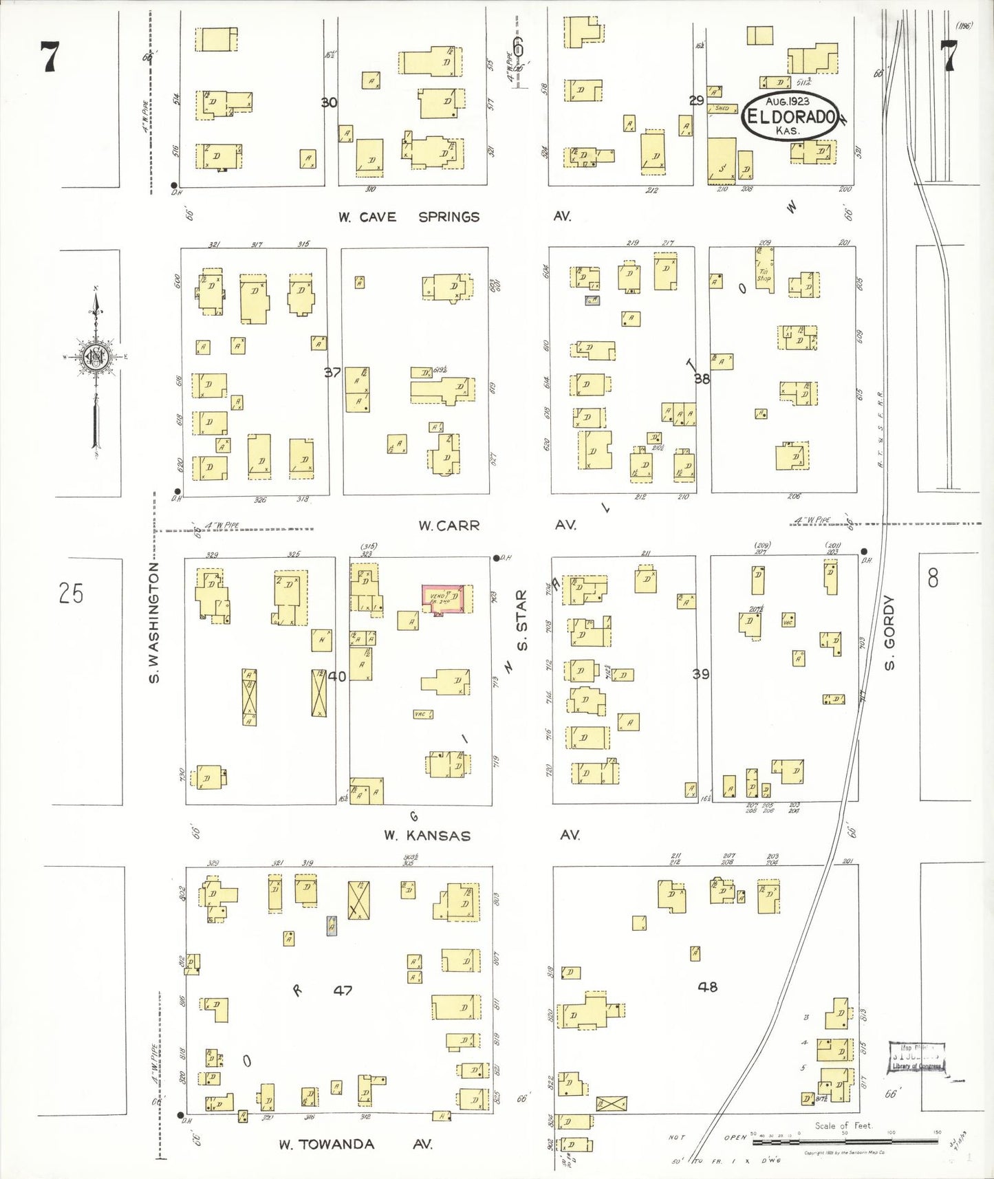 Sanborn Fire Insurance Map from El Dorado, Butler County, Kansas (1923), Sheet #0007 - Complete Map Set gallery image, historic Sanborn map, vintage wall art, Kansas Kansas