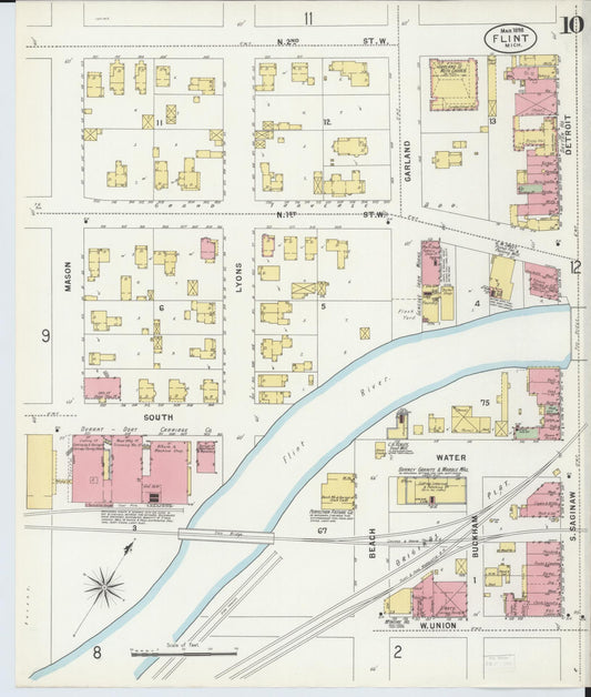Sanborn Fire Insurance Map from Flint, Genesee County, Michigan (1898), Sheet #0010 - Historic Sanborn Fire Insurance Map Print, vintage old map wall art, antique decor, genealogy gift, Michigan Michigan map