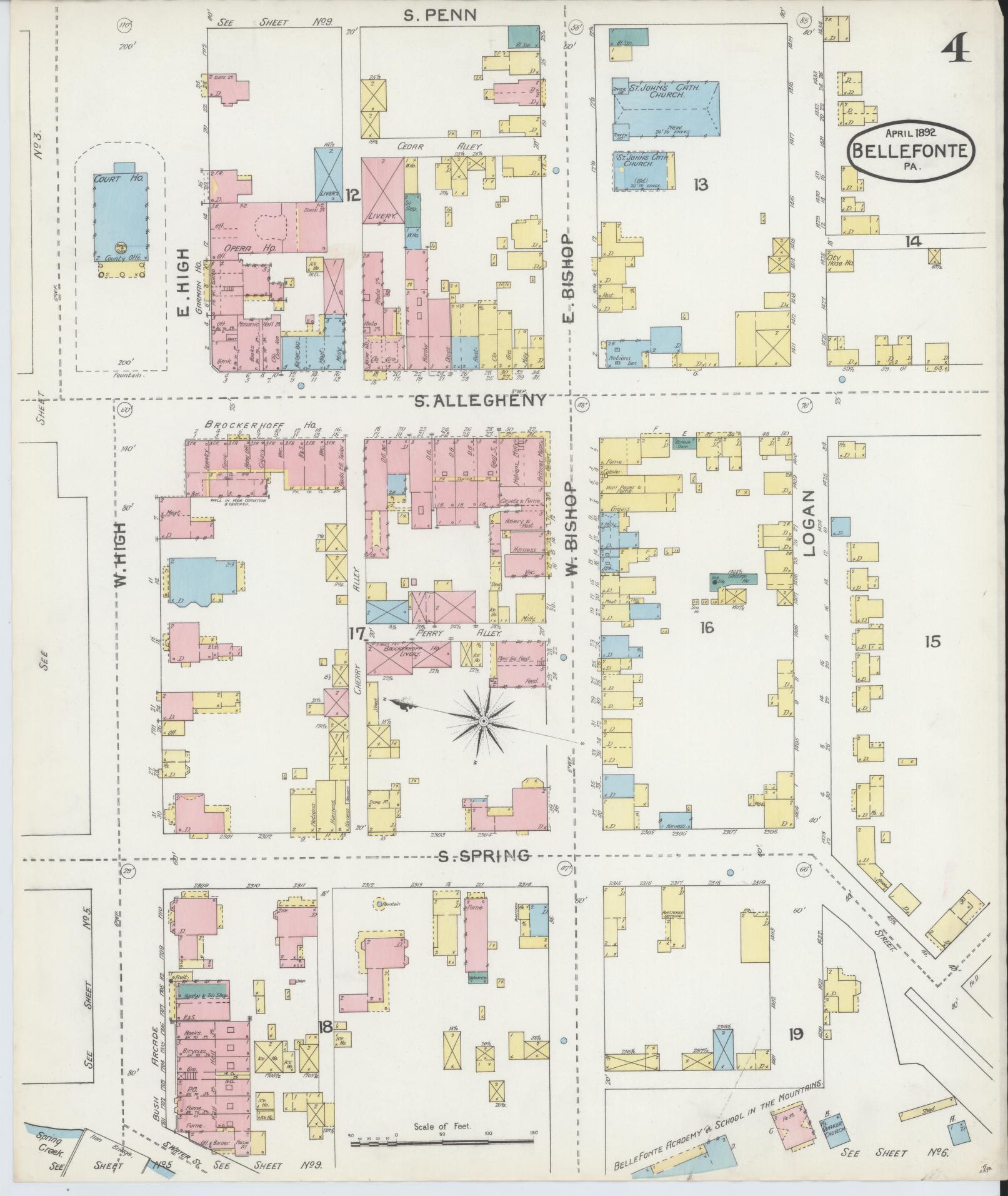 Sanborn Fire Insurance Map from Bellefonte, Centre County, Pennsylvania (1892), Sheet #0004 - Historic Sanborn Fire Insurance Map Print, vintage old map wall art, antique decor, genealogy gift, Pennsylvania Pennsylvania map