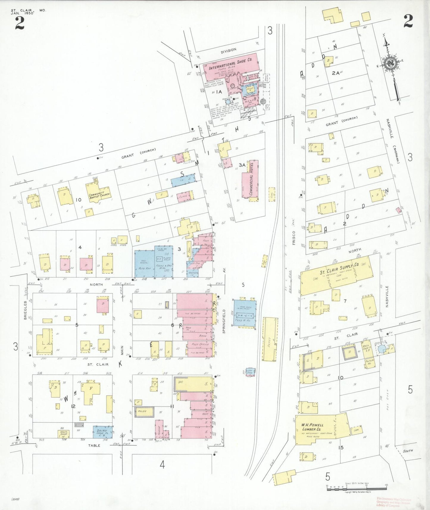Sanborn Fire Insurance Map from Saint Clair, Franklin County, Missouri (1950), Sheet #0002 - Historic Sanborn Fire Insurance Map Print, vintage old map wall art, antique decor, genealogy gift, Missouri Missouri map