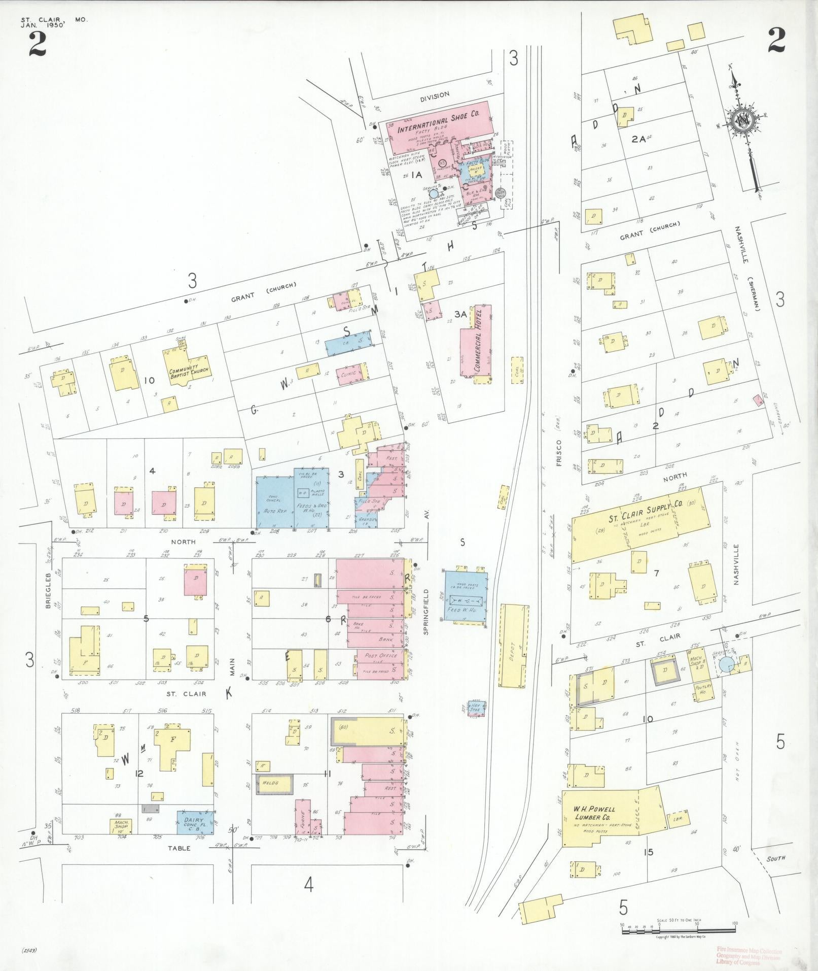 Sanborn Fire Insurance Map from Saint Clair, Franklin County, Missouri (1950), Sheet #0002 - Historic Sanborn Fire Insurance Map Print, vintage old map wall art, antique decor, genealogy gift, Missouri Missouri map