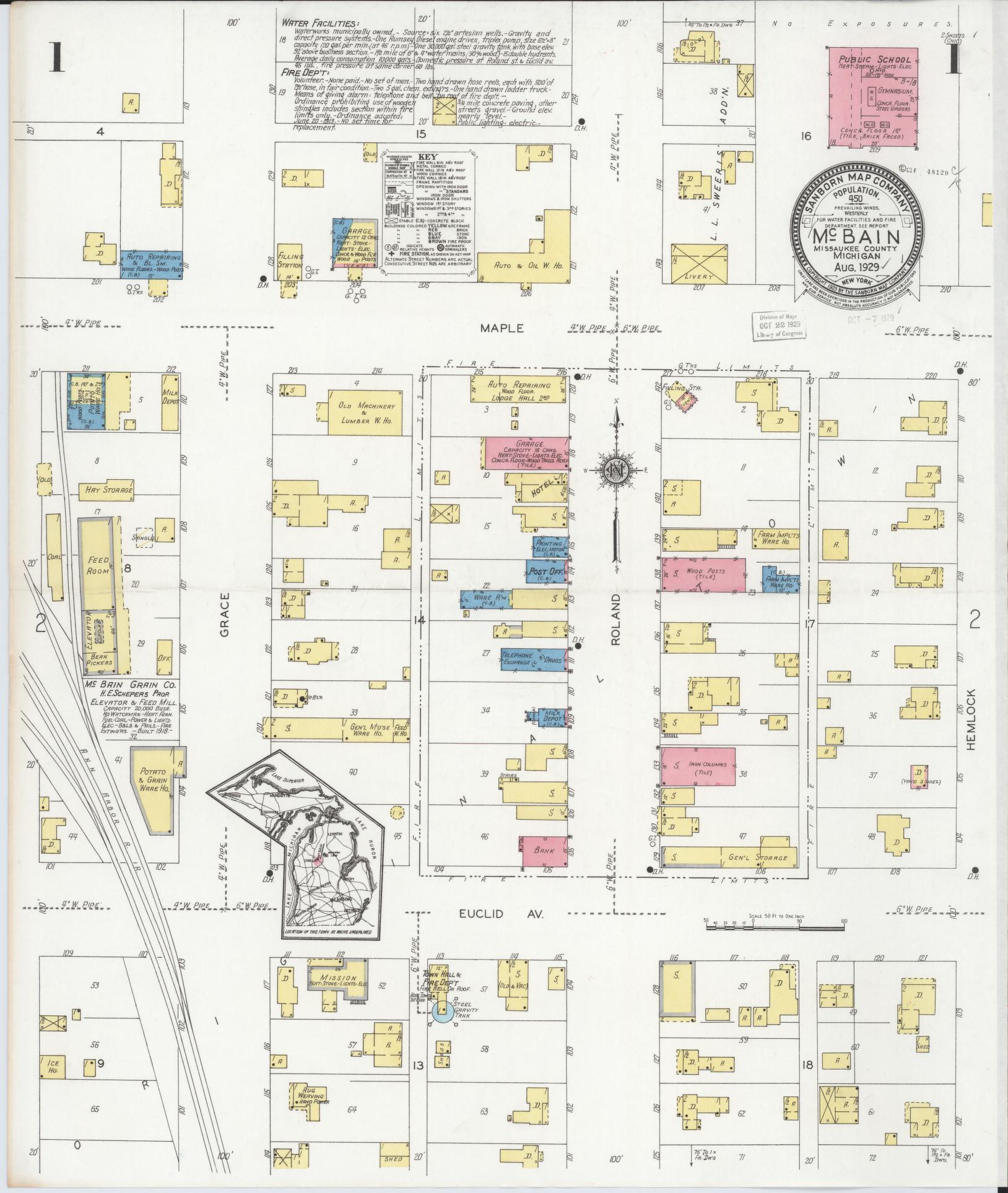 Sanborn Fire Insurance Map from Mcbain, Missaukee County, Michigan (1929), Sheet #0001 - Historic Sanborn Fire Insurance Map Print, vintage old map wall art, antique decor, genealogy gift, Michigan Michigan map