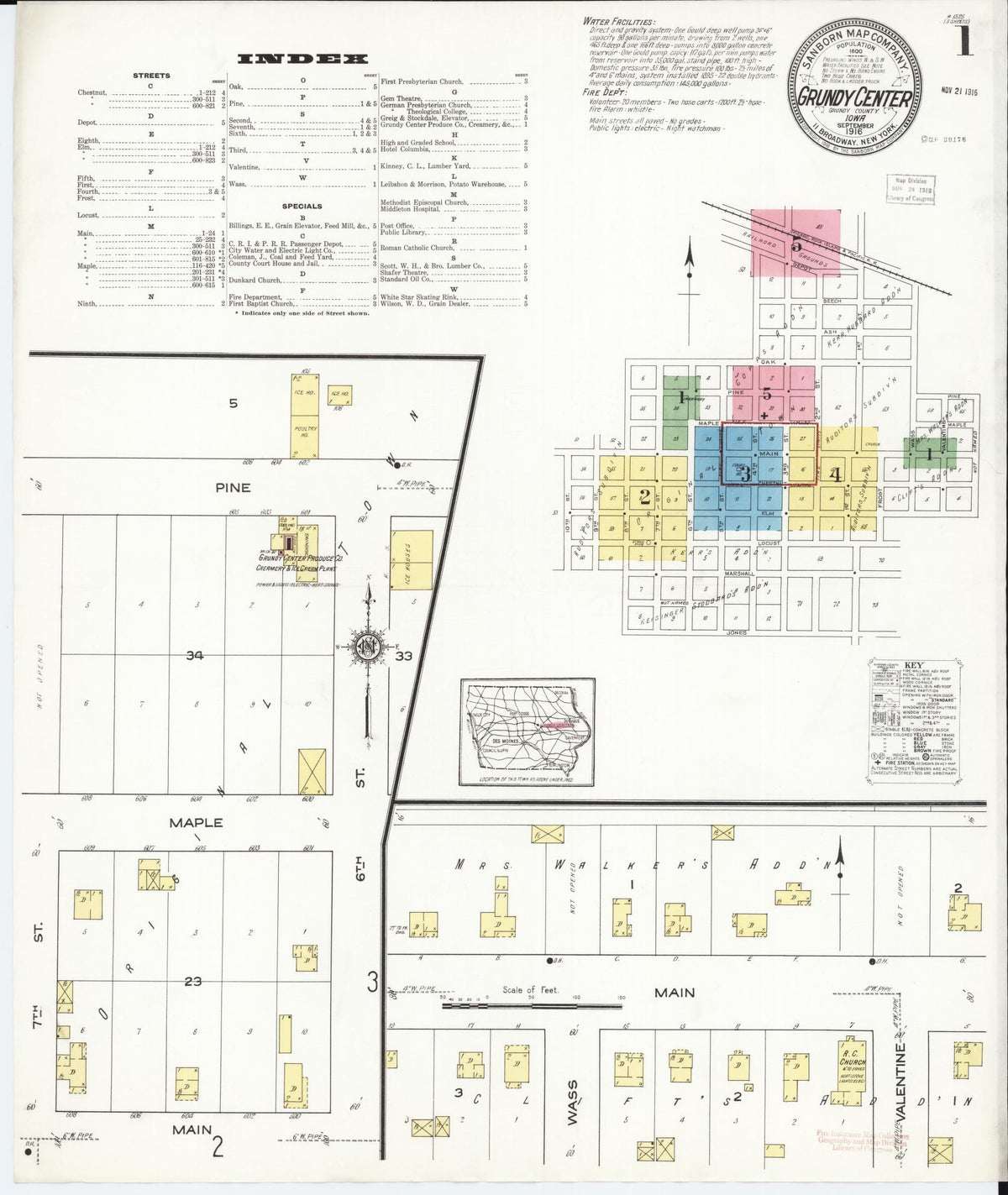 Sanborn Fire Insurance Map from Grundy Center, Grundy County, Iowa (1916), Sheet #0001 - Historic Sanborn Fire Insurance Map Print