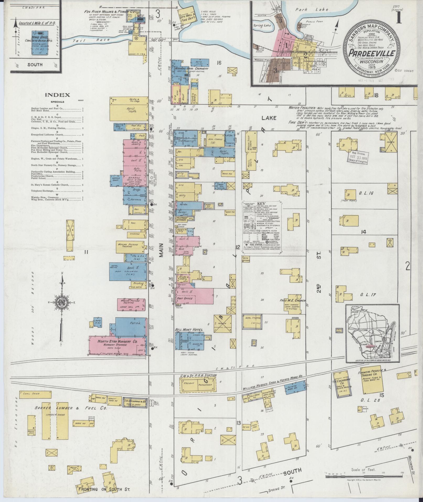 Sanborn Fire Insurance Map from Pardeeville, Columbia County, Wisconsin (1919), Sheet #0001 - Historic Sanborn Fire Insurance Map Print, vintage old map wall art, antique decor, genealogy gift, Wisconsin Wisconsin map