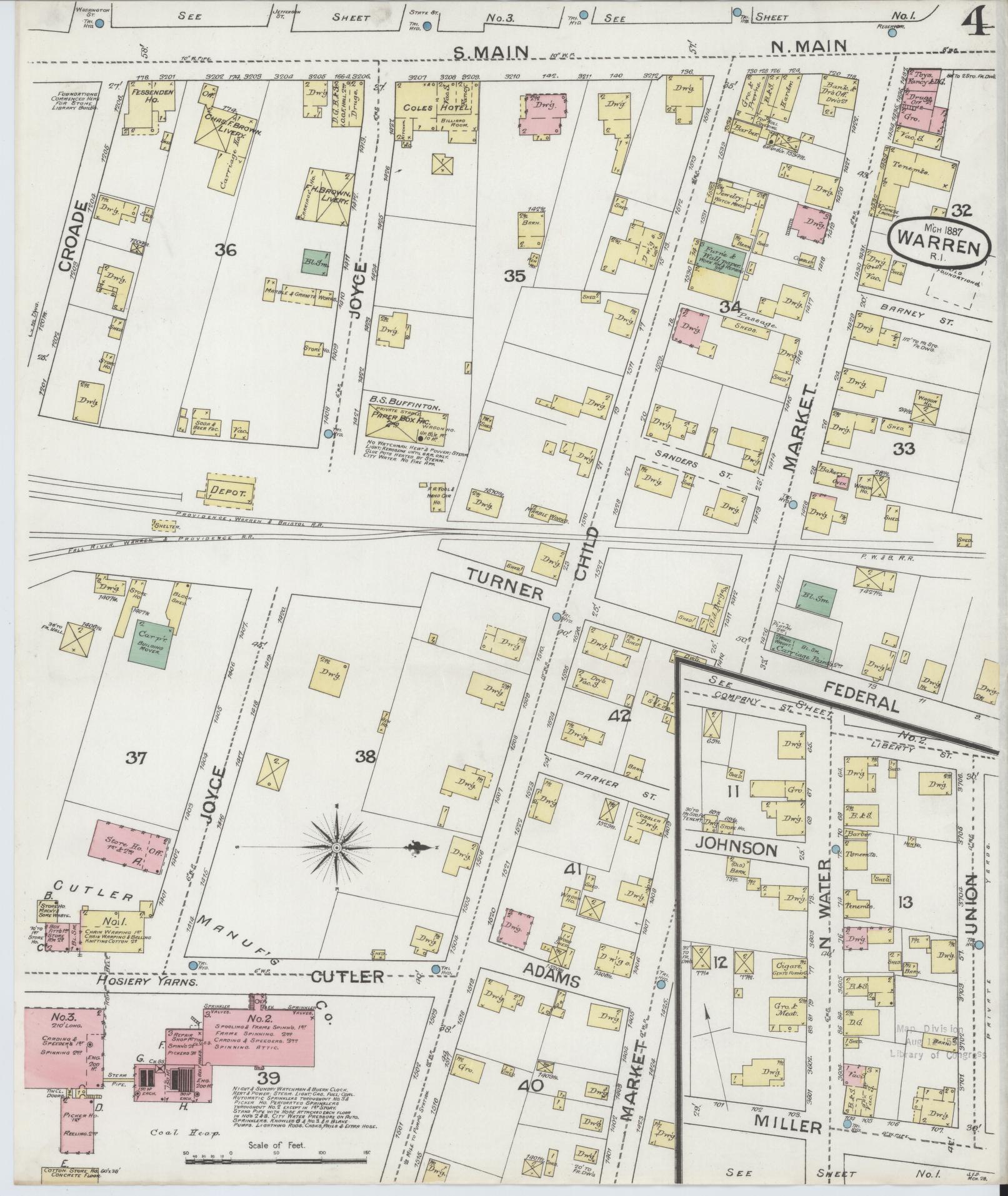 Sanborn Fire Insurance Map from Warren, Bristol County, Rhode Island (1887), Sheet #0004 - Complete Map Set gallery image, historic Sanborn map, vintage wall art, Rhode Island Rhode Island
