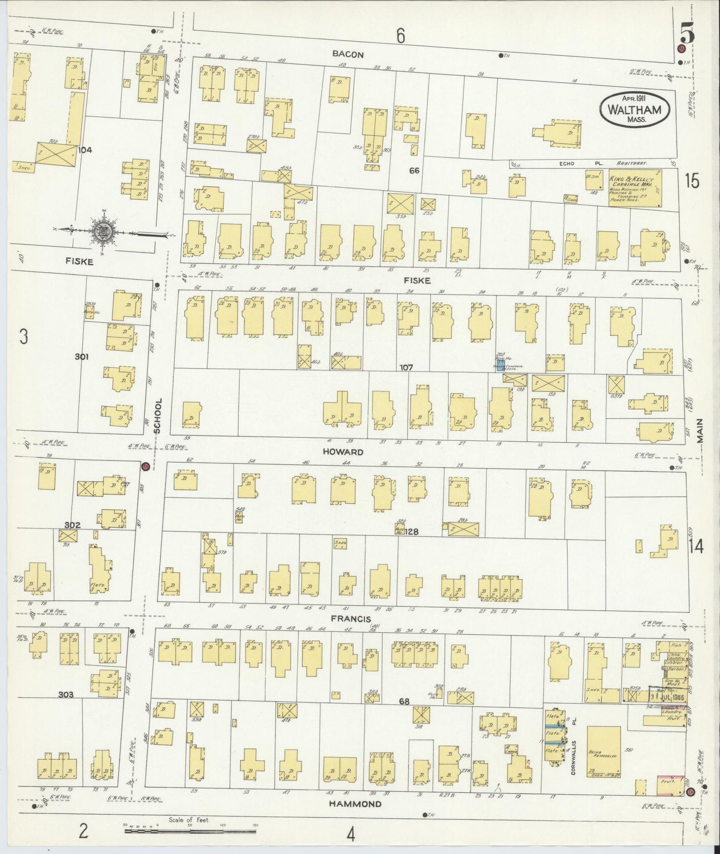 Sanborn Fire Insurance Map from Waltham, Middlesex County, Massachusetts (1911), Sheet #0005 - Complete Map Set gallery image, historic Sanborn map, vintage wall art, Massachusetts Massachusetts