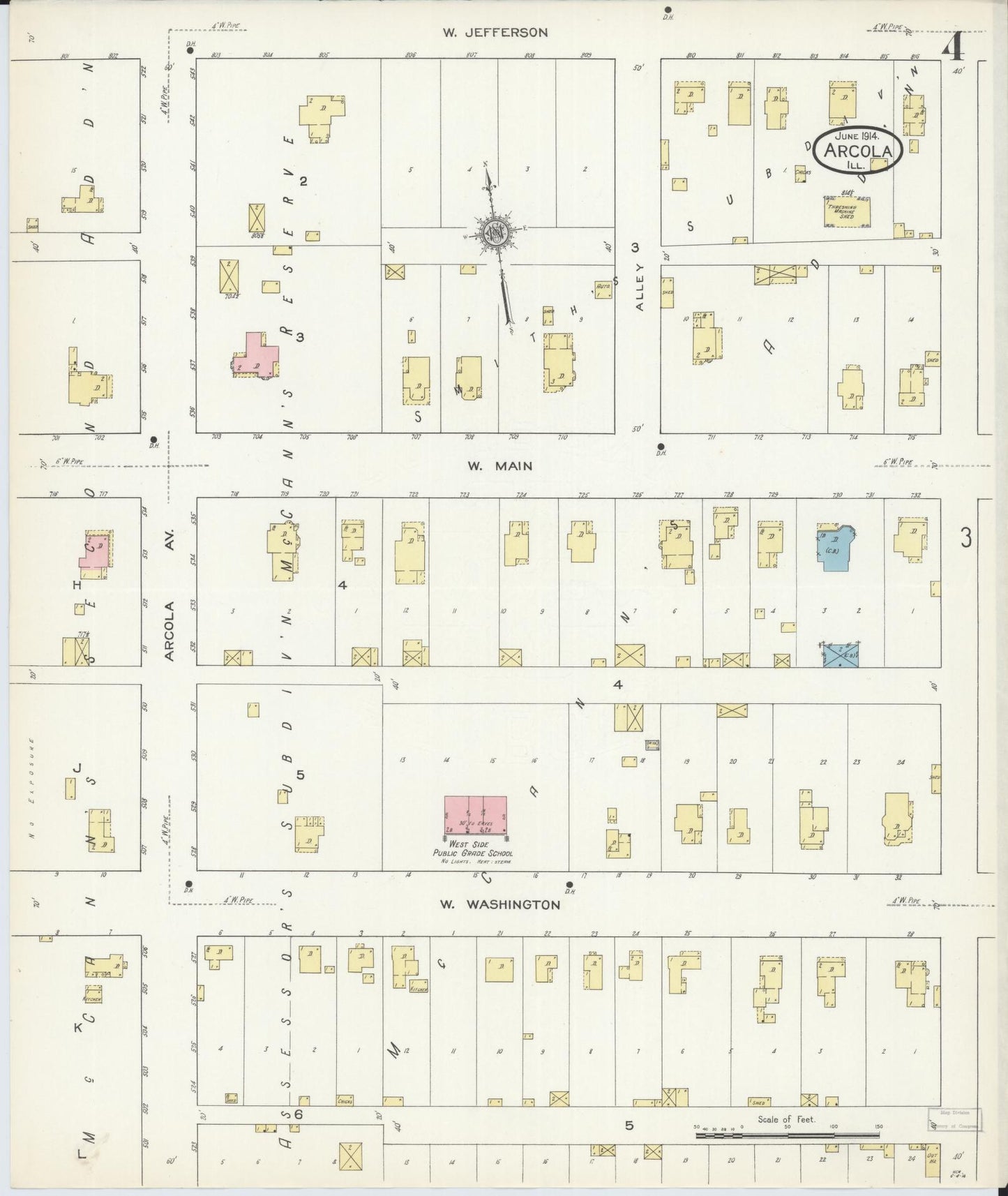 Sanborn Fire Insurance Map from Arcola, Douglas County, Illinois (1914), Sheet #0004 - Historic Sanborn Fire Insurance Map Print, vintage old map wall art, antique decor, genealogy gift, Illinois Illinois map