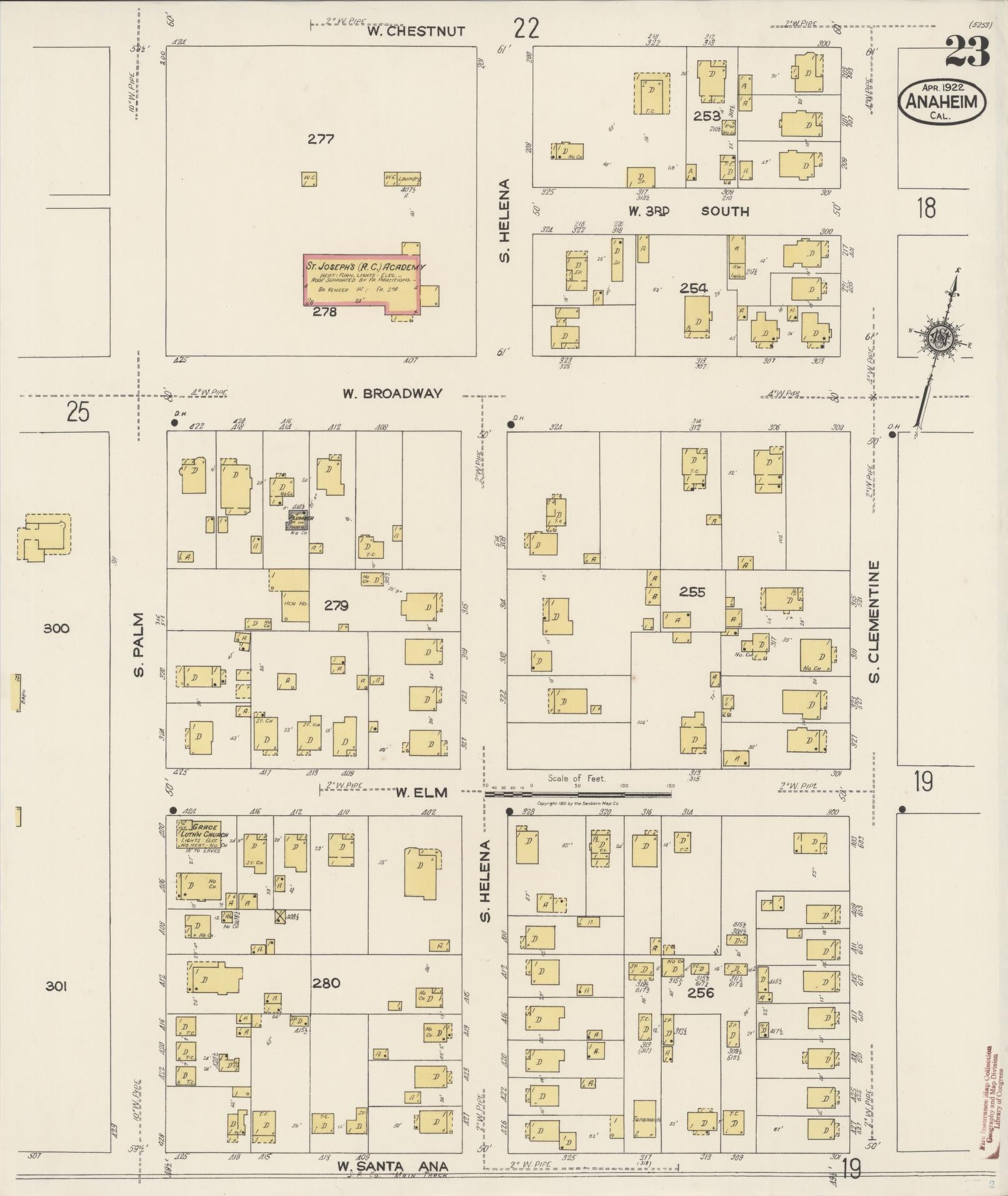 Sanborn Fire Insurance Map from Anaheim, Orange County, California (1922), Sheet #0023 - Historic Sanborn Fire Insurance Map Print, vintage old map wall art, antique decor, genealogy gift, California California map