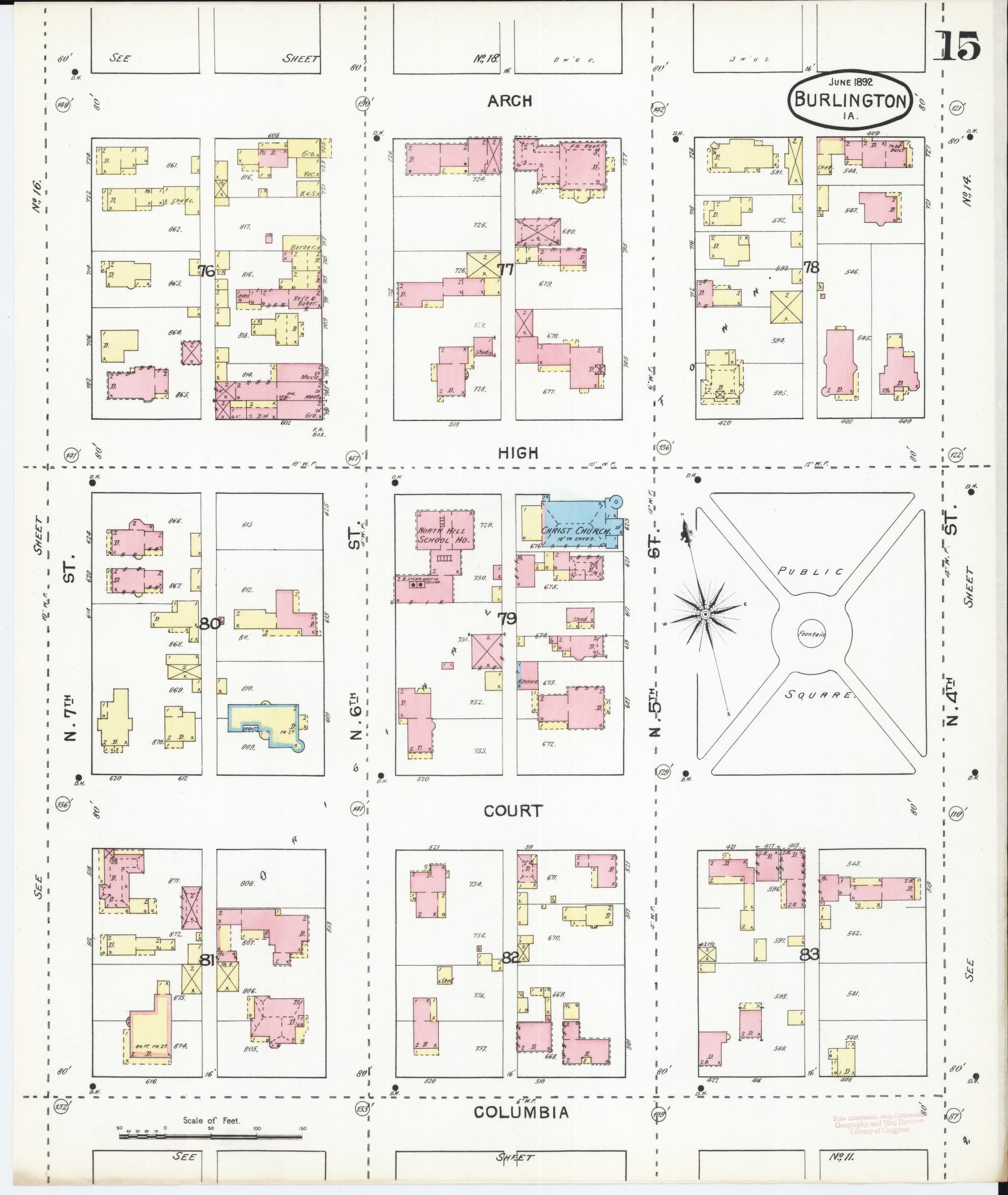 Sanborn Fire Insurance Map from Burlington, Des Moines County, Iowa (1892), Sheet #0015 - Historic Sanborn Fire Insurance Map Print, vintage old map wall art