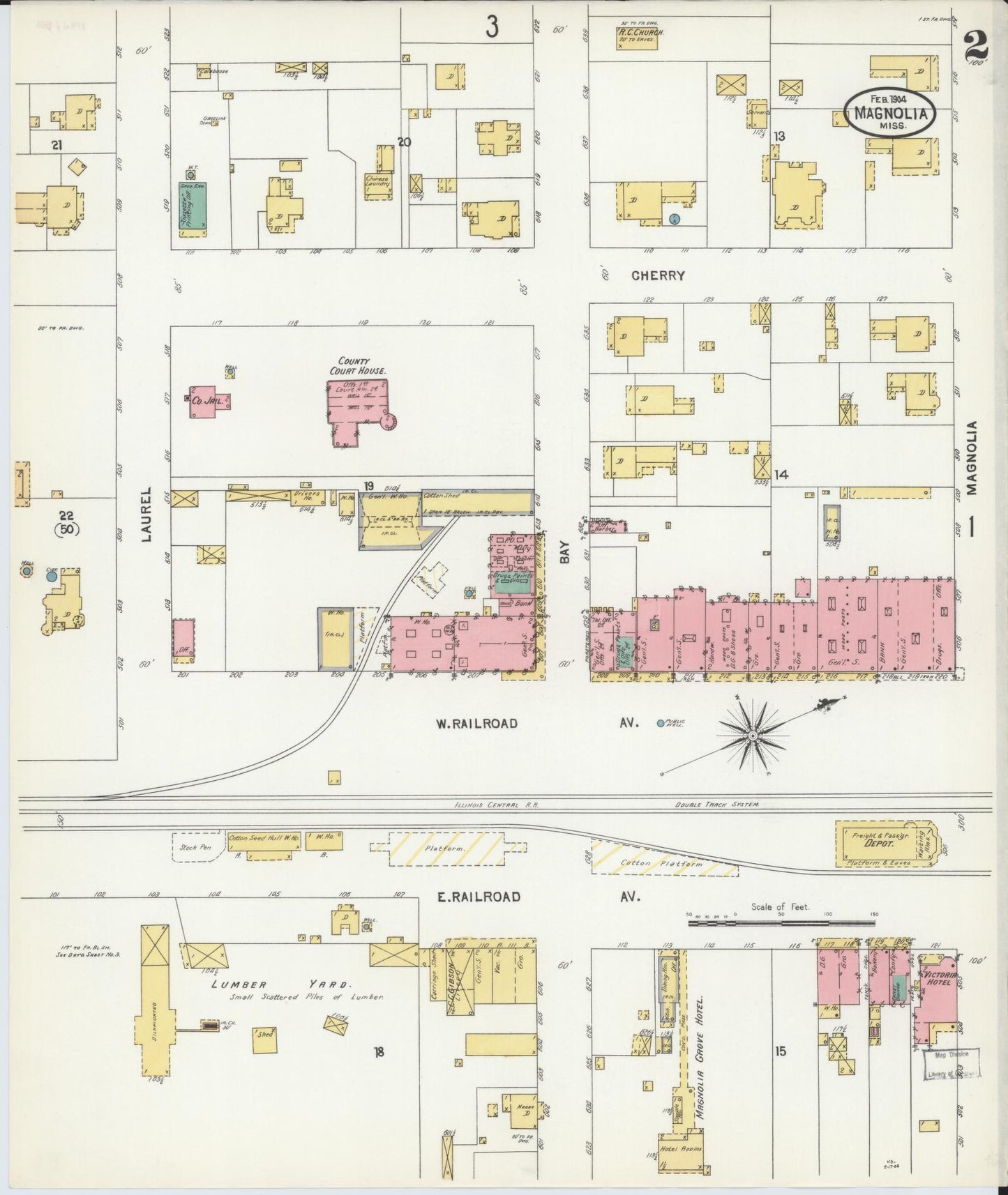 Sanborn Fire Insurance Map from Magnolia, Pike County, Mississippi (1904), Sheet #0002 - Historic Sanborn Fire Insurance Map Print, vintage old map wall art, antique decor, genealogy gift, Mississippi Mississippi map
