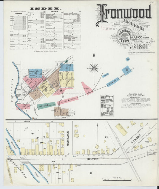 Sanborn Fire Insurance Map from Ironwood, Gogebic County, Michigan (1891), Sheet #0001 - Historic Sanborn Fire Insurance Map Print, vintage old map wall art, antique decor, genealogy gift, Michigan Michigan map