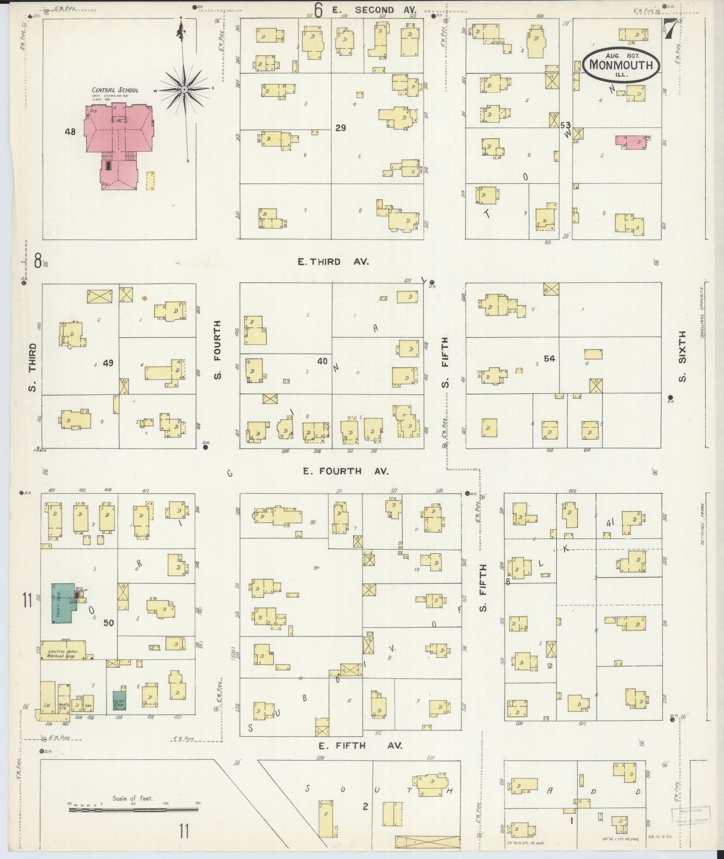 Sanborn Fire Insurance Map from Monmouth, Warren County, Illinois (1907), Sheet #0007 - Complete Map Set gallery image, historic Sanborn map, vintage wall art, Illinois Illinois