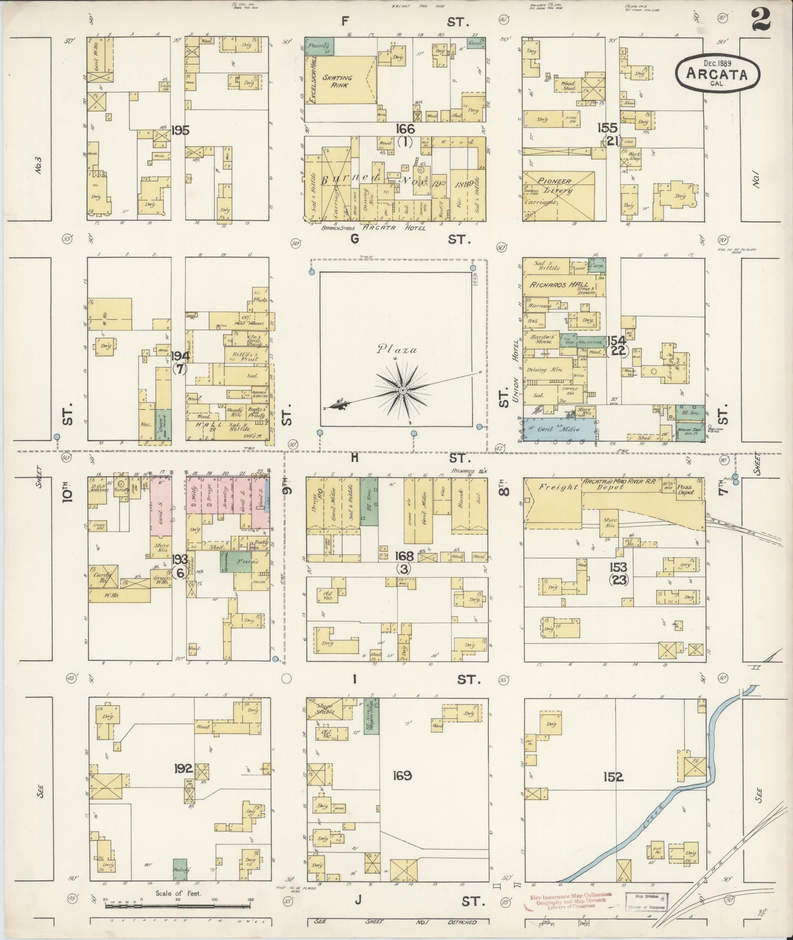 Sanborn Fire Insurance Map from Arcata, Humboldt County, California (1889), Sheet #0002 - Historic Sanborn Fire Insurance Map Print, vintage old map wall art, antique decor, genealogy gift, California California map