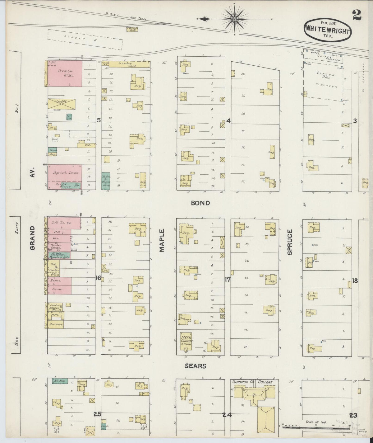 Sanborn Fire Insurance Map from Whitewright, Grayson County, Texas (1891), Sheet #0002 - Complete Map Set gallery image, historic Sanborn map, vintage wall art, Texas Texas