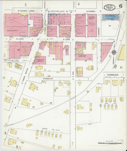 Sanborn Fire Insurance Map from Troy, Pike County, Alabama (1916), Sheet #0006 - Complete Map Set gallery image, historic Sanborn map, vintage wall art, Alabama Alabama