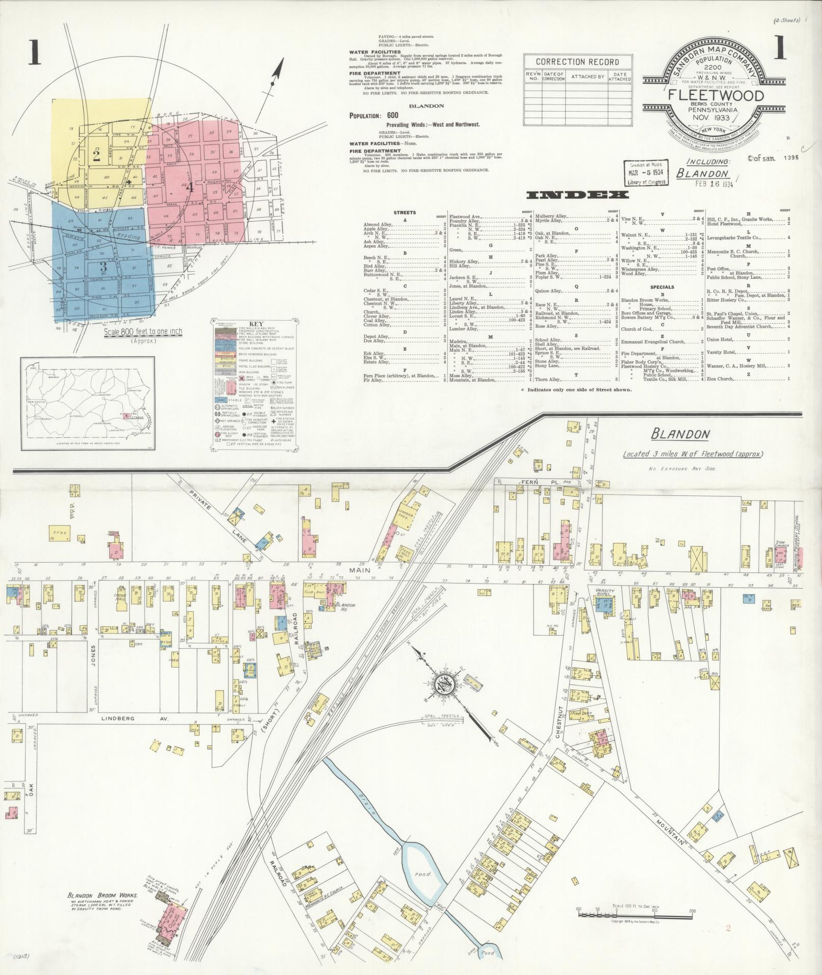 Sanborn Fire Insurance Map from Fleetwood, Berks County, Pennsylvania (1933), Sheet #0001 - Historic Sanborn Fire Insurance Map Print, vintage old map wall art, antique decor, genealogy gift, Pennsylvania Pennsylvania map