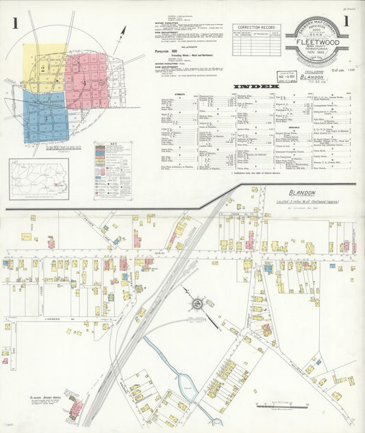 Sanborn Fire Insurance Map from Fleetwood, Berks County, Pennsylvania (1933), Sheet #0001 - Historic Sanborn Fire Insurance Map Print, vintage old map wall art, antique decor, genealogy gift, Pennsylvania Pennsylvania map