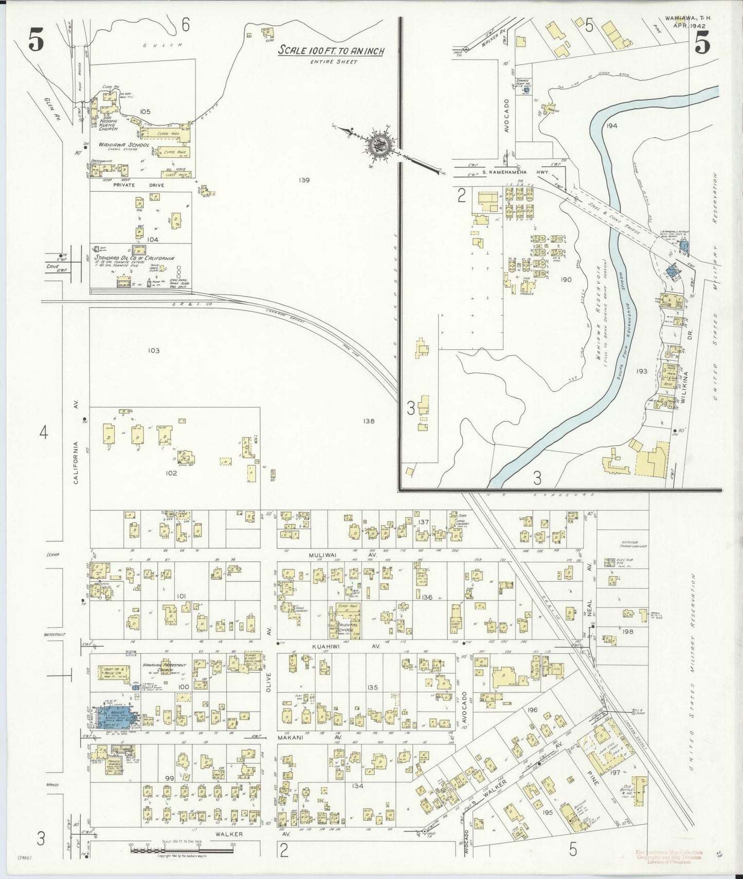 Sanborn Fire Insurance Map from Wahiawa, Honolulu County, Hawaii (1942), Sheet #0005 - Historic Sanborn Fire Insurance Map Print, vintage old map wall art, antique decor, genealogy gift, Hawaii Hawaii map