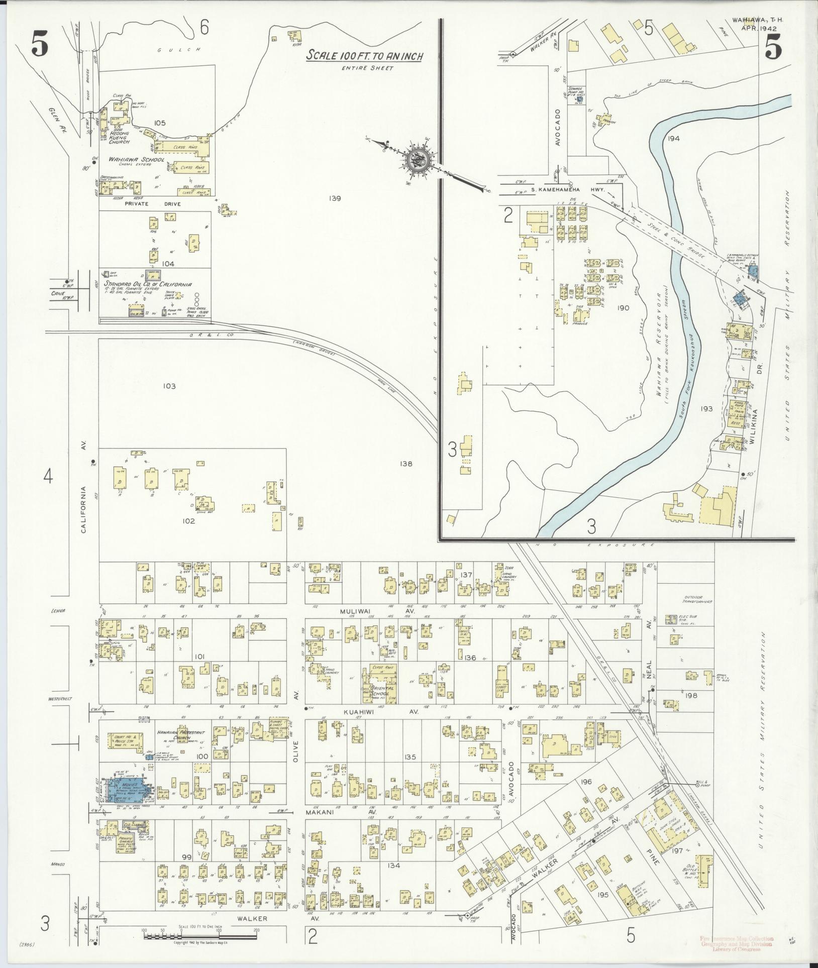 Sanborn Fire Insurance Map from Wahiawa, Honolulu County, Hawaii (1942), Sheet #0005 - Historic Sanborn Fire Insurance Map Print, vintage old map wall art, antique decor, genealogy gift, Hawaii Hawaii map
