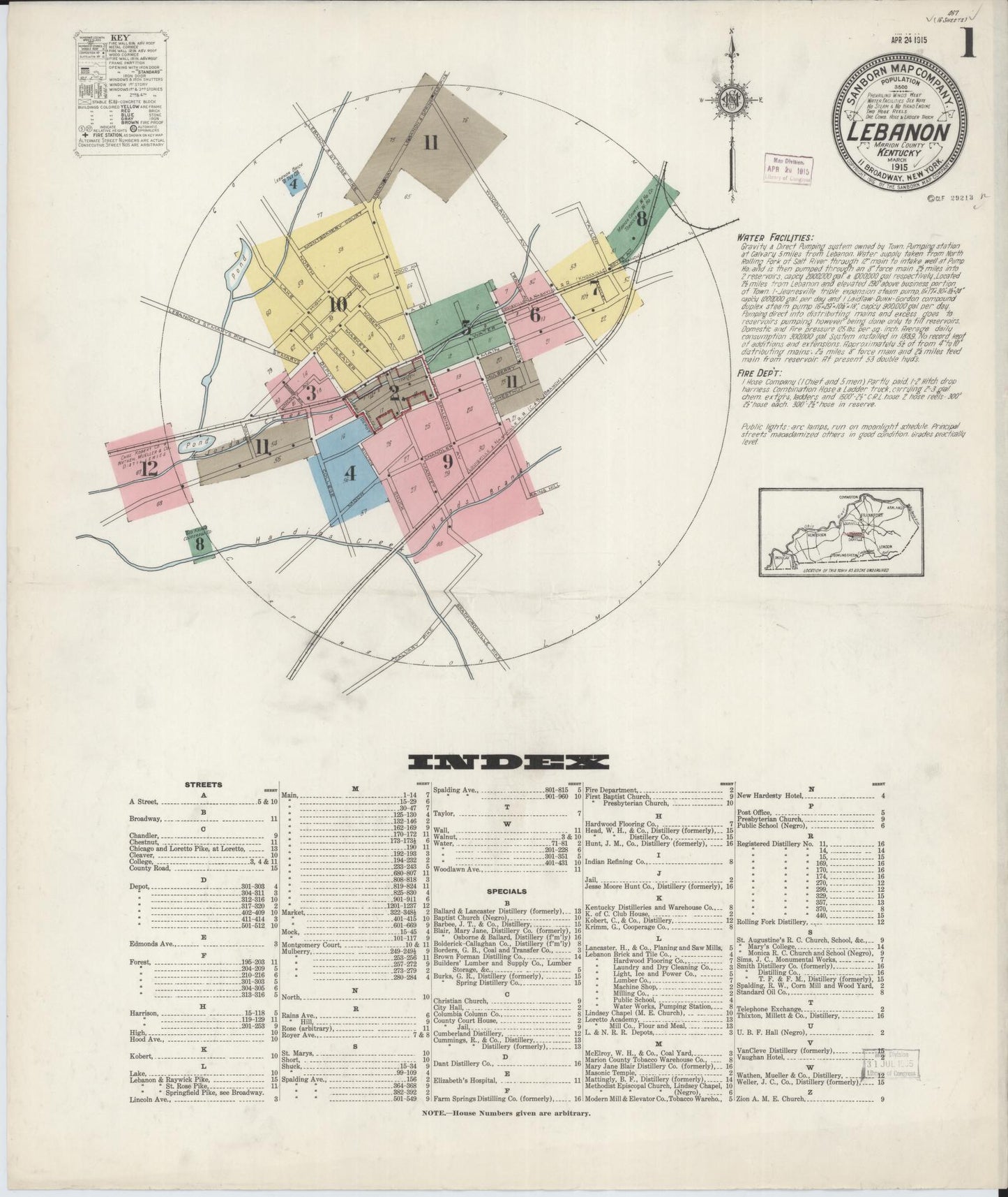 Sanborn Fire Insurance Map from Lebanon, Marion County, Kentucky (1915), Sheet #0001 - Historic Sanborn Fire Insurance Map Print, vintage old map wall art, antique decor, genealogy gift, Kentucky Kentucky map