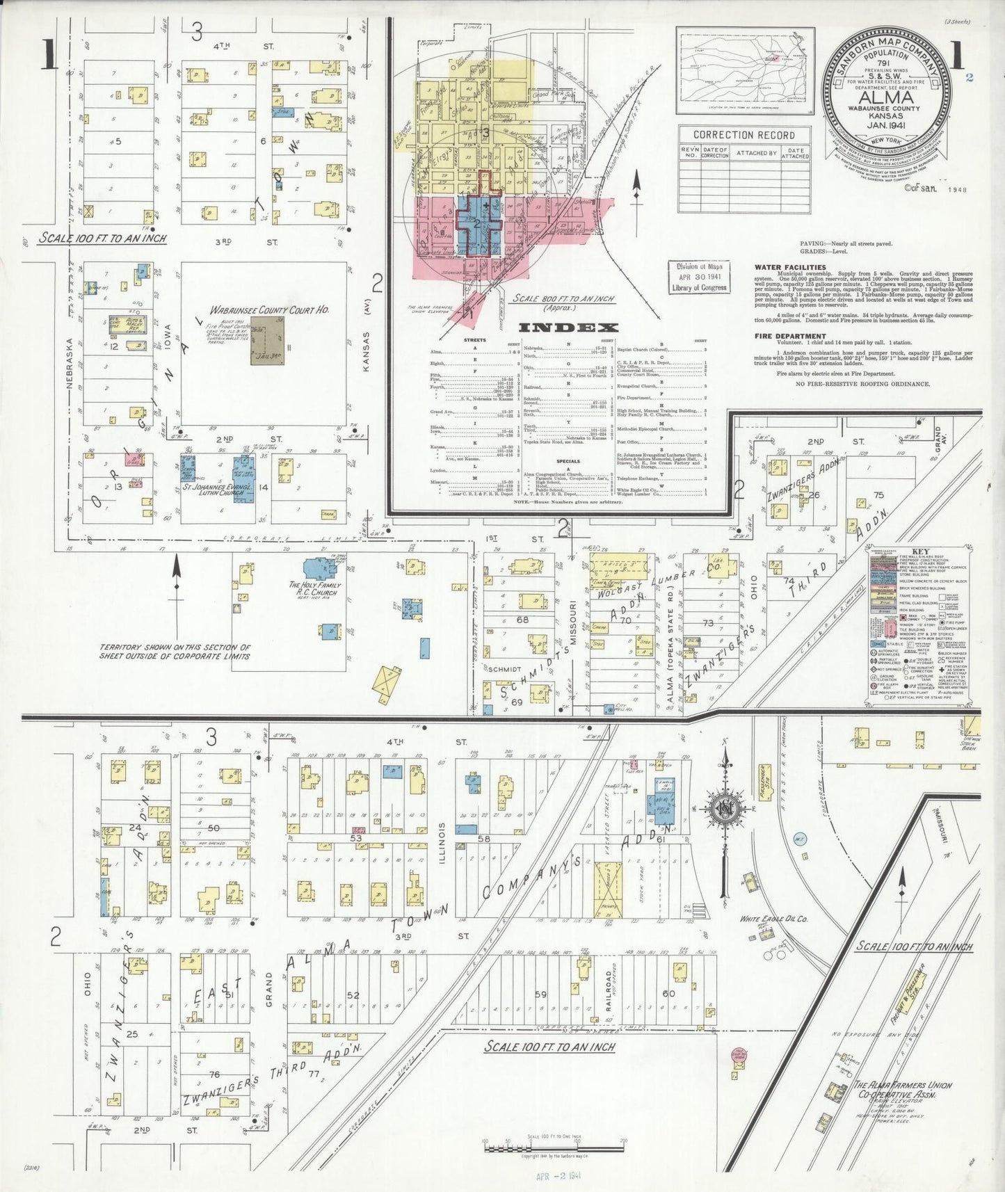 Sanborn Fire Insurance Map from Alma, Wabaunsee County, Kansas (1941), Sheet #0001 - Complete Map Set gallery image, historic Sanborn map, vintage wall art, Kansas Kansas