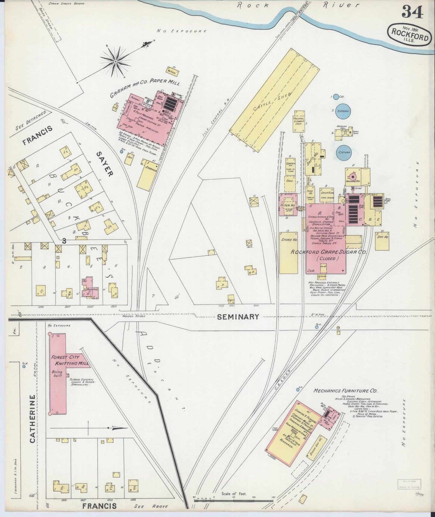 Sanborn Fire Insurance Map from Rockford, Winnebago County, Illinois (1891), Sheet #0034 - Complete Map Set gallery image, historic Sanborn map, vintage wall art, Illinois Illinois