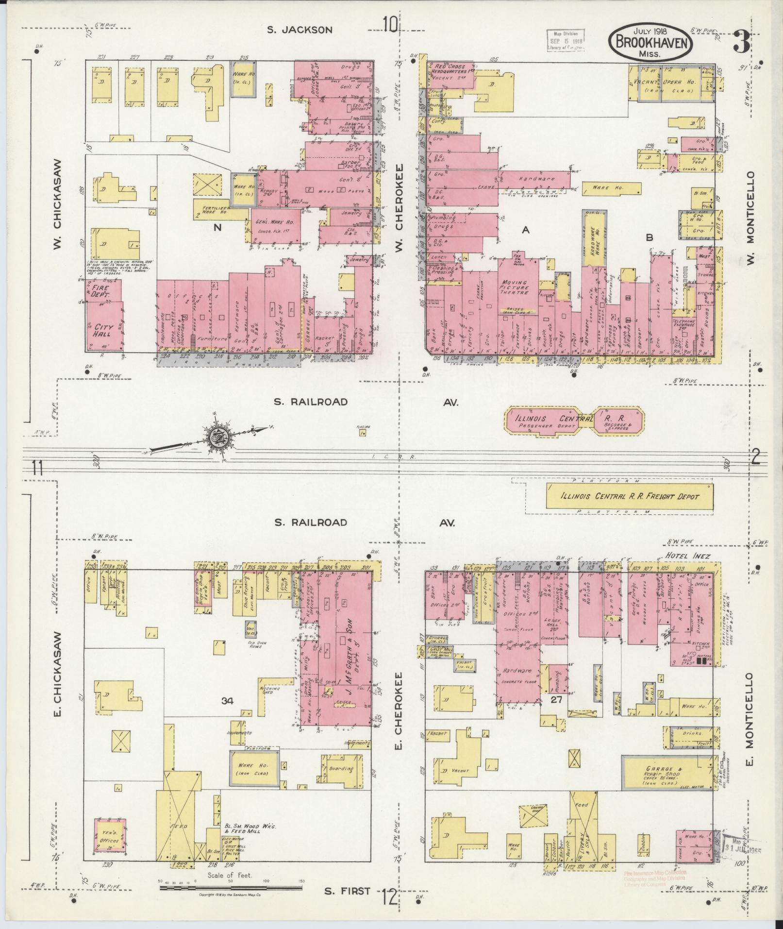 Sanborn Fire Insurance Map from Brookhaven, Lincoln County, Mississippi (1918), Sheet #0003 - Complete Map Set gallery image, historic Sanborn map, vintage wall art, Mississippi Mississippi