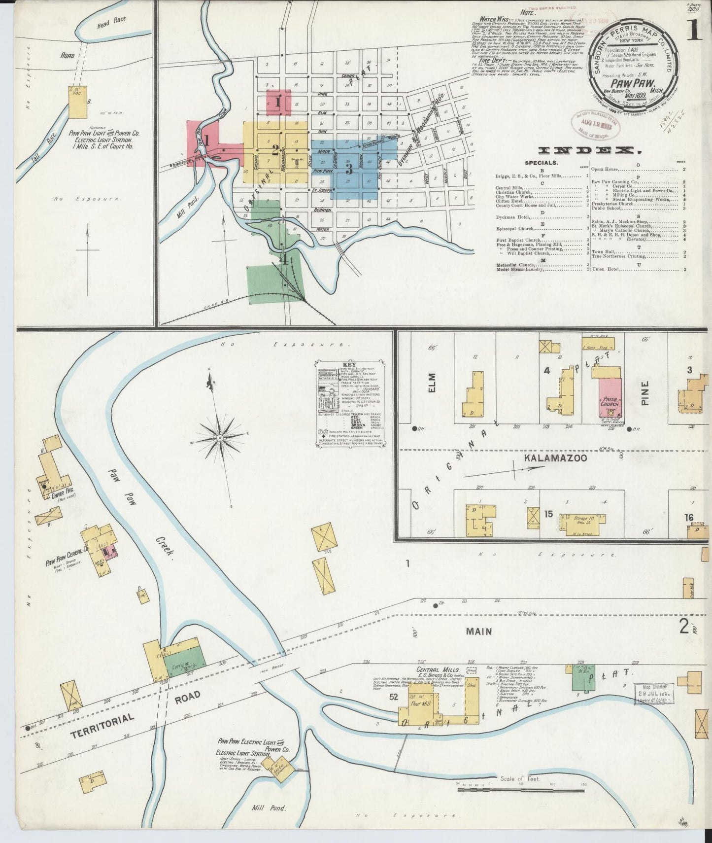 Sanborn Fire Insurance Map from Paw Paw, Van Buren County, Michigan (1899), Sheet #0001 - Complete Map Set gallery image, historic Sanborn map, vintage wall art, Michigan Michigan