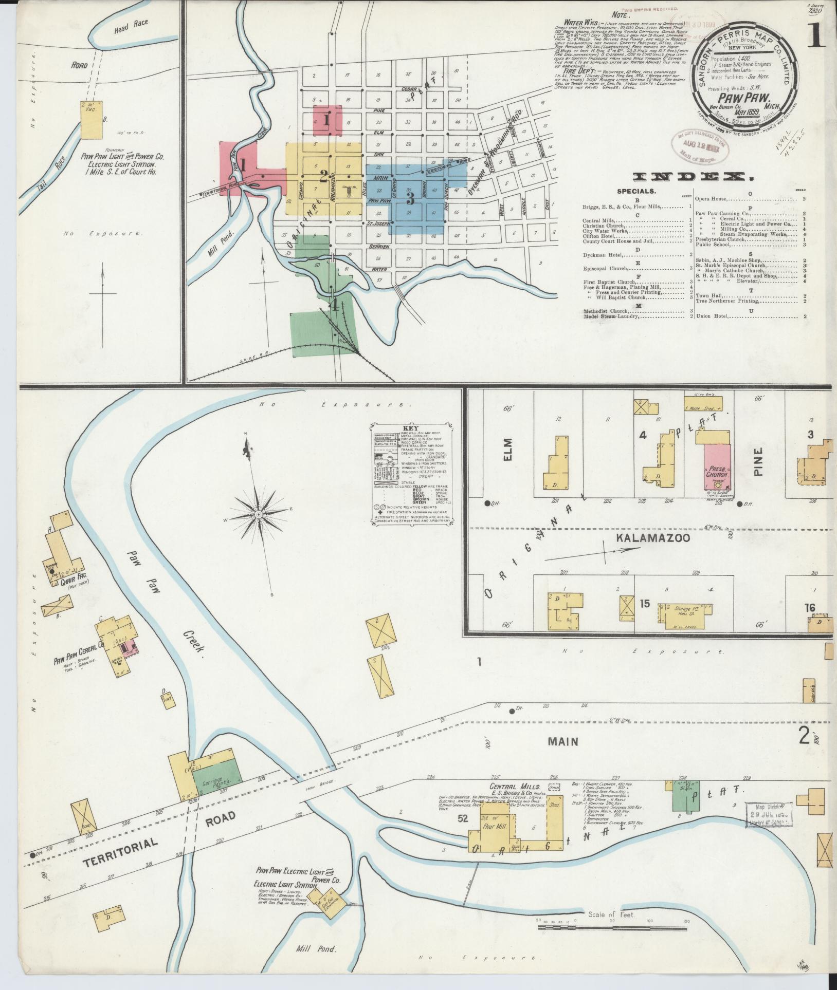 Sanborn Fire Insurance Map from Paw Paw, Van Buren County, Michigan (1899), Sheet #0001 - Complete Map Set gallery image, historic Sanborn map, vintage wall art, Michigan Michigan