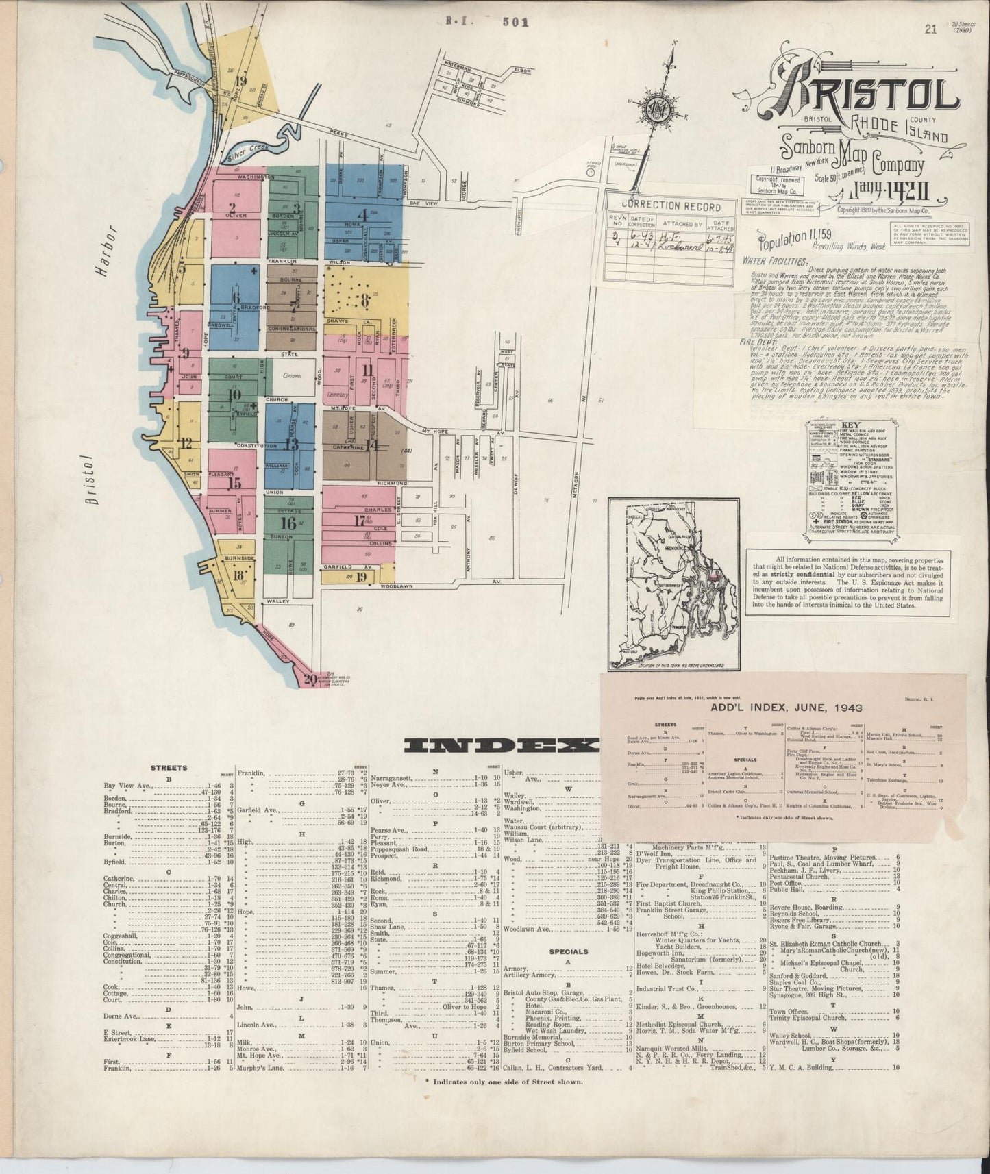 Sanborn Fire Insurance Map from Bristol, Bristol County, Rhode Island (1947), Sheet #0001 - Historic Sanborn Fire Insurance Map Print, vintage old map wall art, antique decor, genealogy gift, Rhode Island Rhode Island map