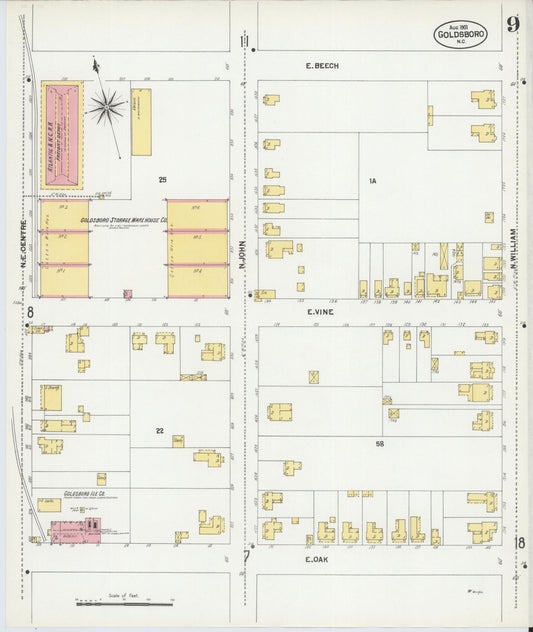Sanborn Fire Insurance Map from Goldsboro, Wayne County, North Carolina (1901), Sheet #0009 - Historic Sanborn Fire Insurance Map Print, vintage old map wall art, antique decor, genealogy gift, North Carolina North Carolina map