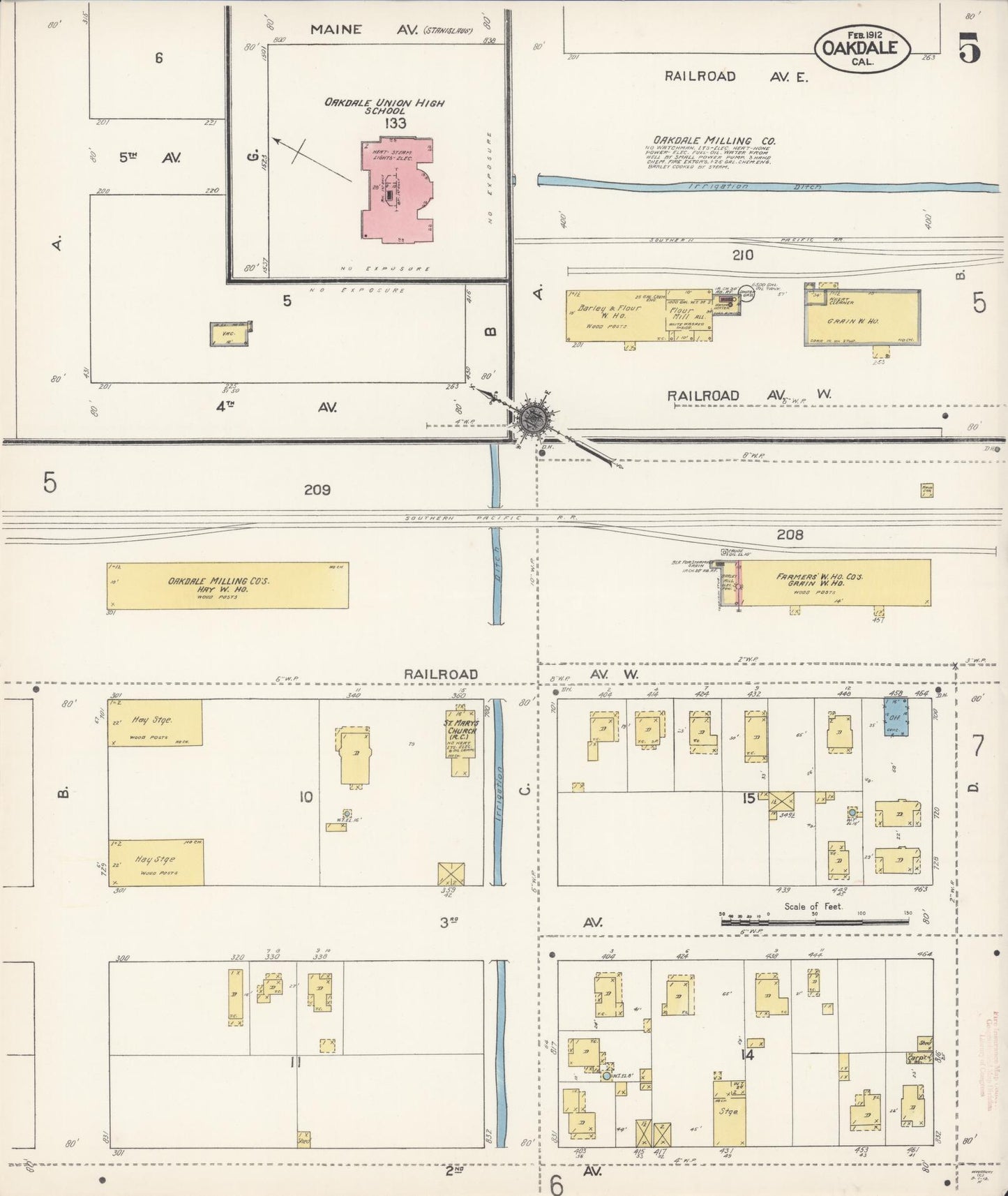 Sanborn Fire Insurance Map from Oakdale, Stanislaus County, California (1912), Sheet #0005 - Historic Sanborn Fire Insurance Map Print, vintage old map wall art, antique decor, genealogy gift, California California map