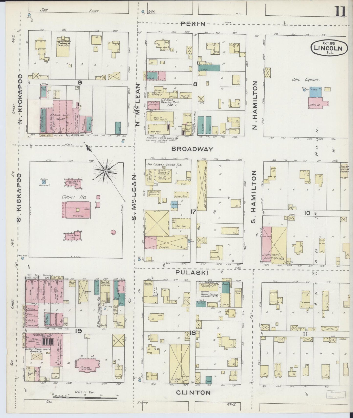 Sanborn Fire Insurance Map from Lincoln, Logan County, Illinois (1891), Sheet #0011 - Complete Map Set gallery image, historic Sanborn map, vintage wall art, Illinois Illinois